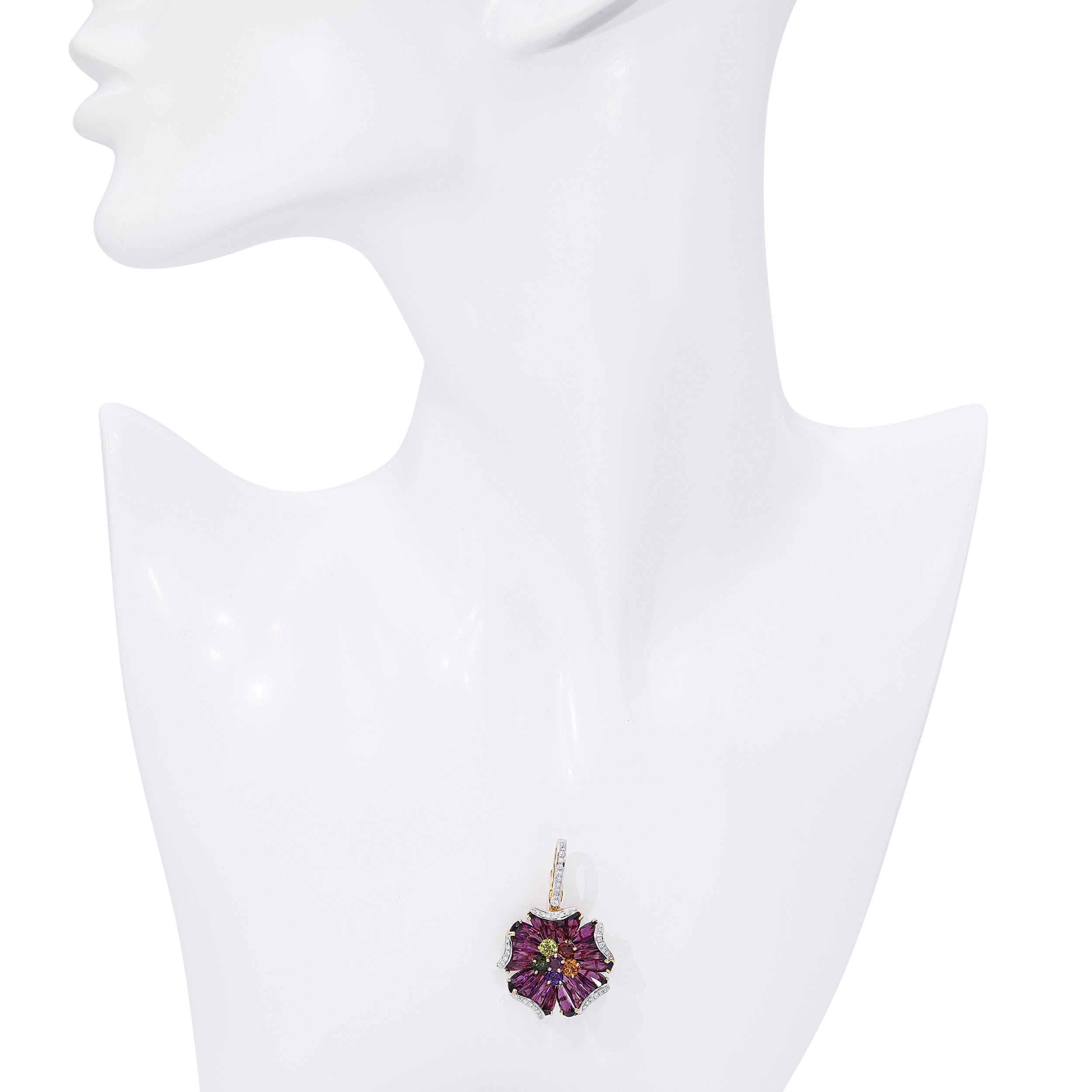 Bellarri 18k Yellow Gold Mademoiselle Flower Rhodolite & Diamond Pendant