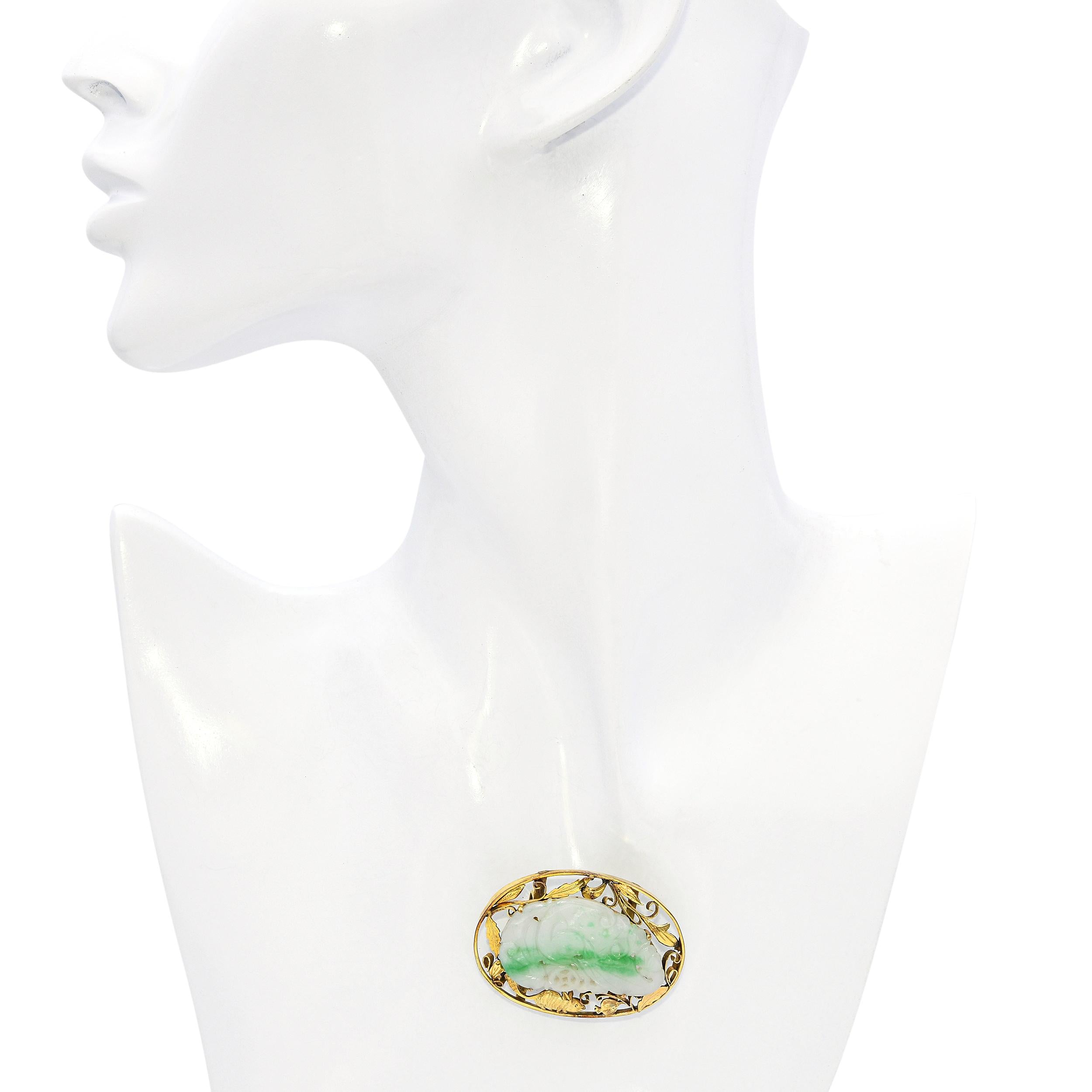 Vintage Yellow Gold Carved Moss in Snow Jade Forest Scene Slide Pendant