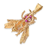 Vintage 14k Yellow Gold Diamond and Ruby Bee Pendant Brooch