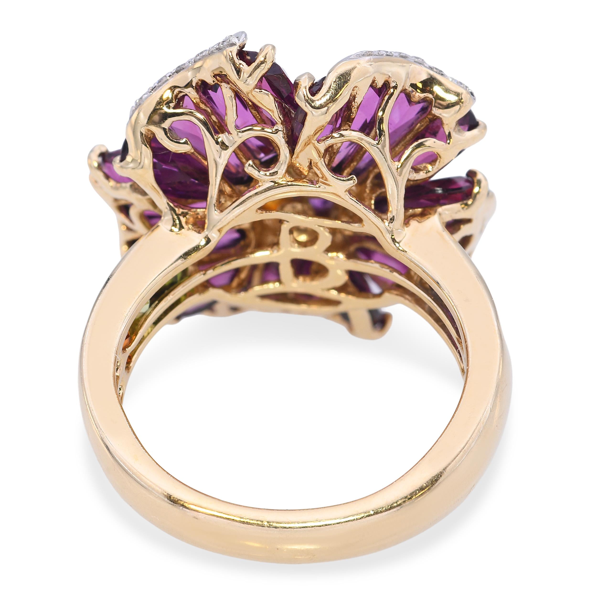 Bellarri 14k Yellow Gold Mademoiselle Flower Rhodolite Diamond Ring