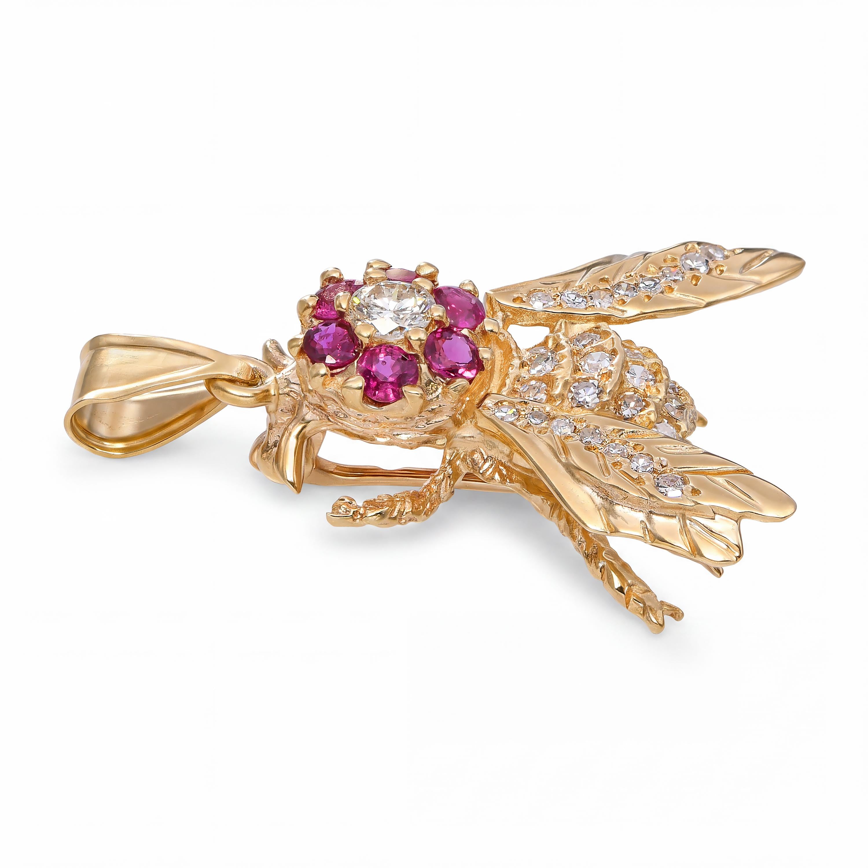Vintage 14k Yellow Gold Diamond and Ruby Bee Pendant Brooch