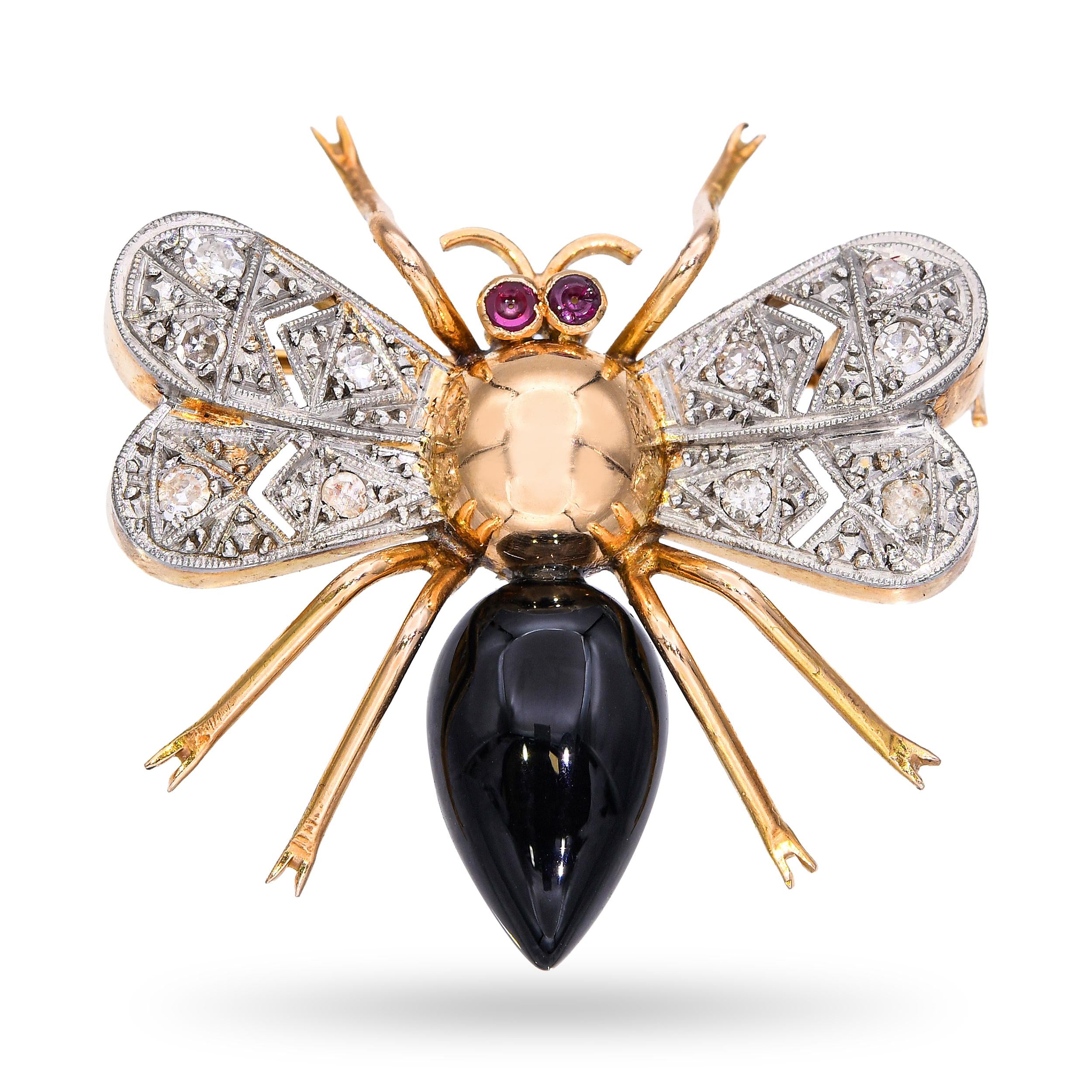 Vintage 18k Yellow Gold Diamond Ruby & Onyx Bee Brooch