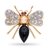 Vintage 18k Yellow Gold Diamond Ruby & Onyx Bee Brooch