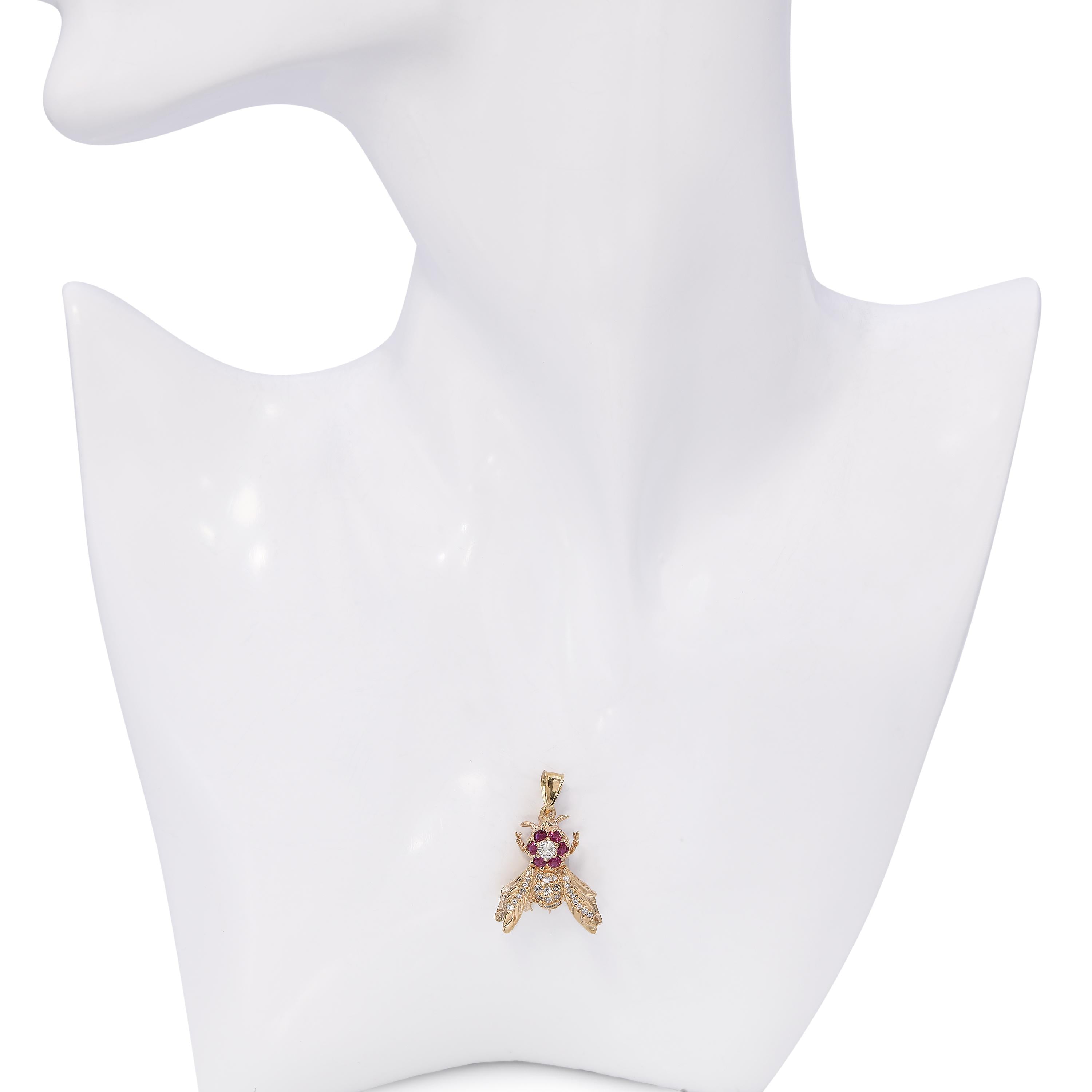 Vintage 14k Yellow Gold Diamond and Ruby Bee Pendant Brooch