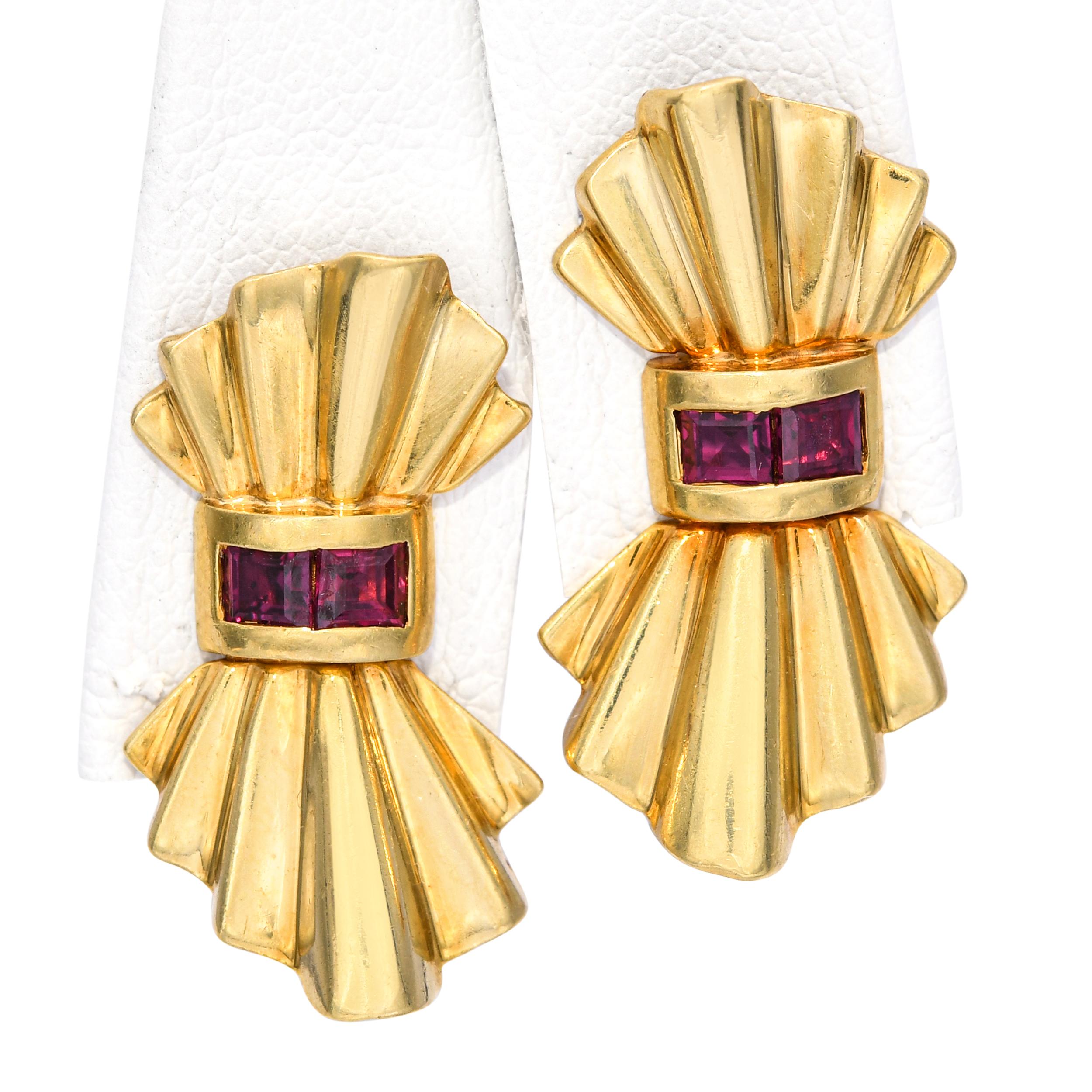 Vintage Retro 18k Yellow Gold Ruby Bow Clip on Earrings