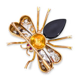 Vintage 18k Yellow Gold Diamond Ruby & Onyx Bee Brooch