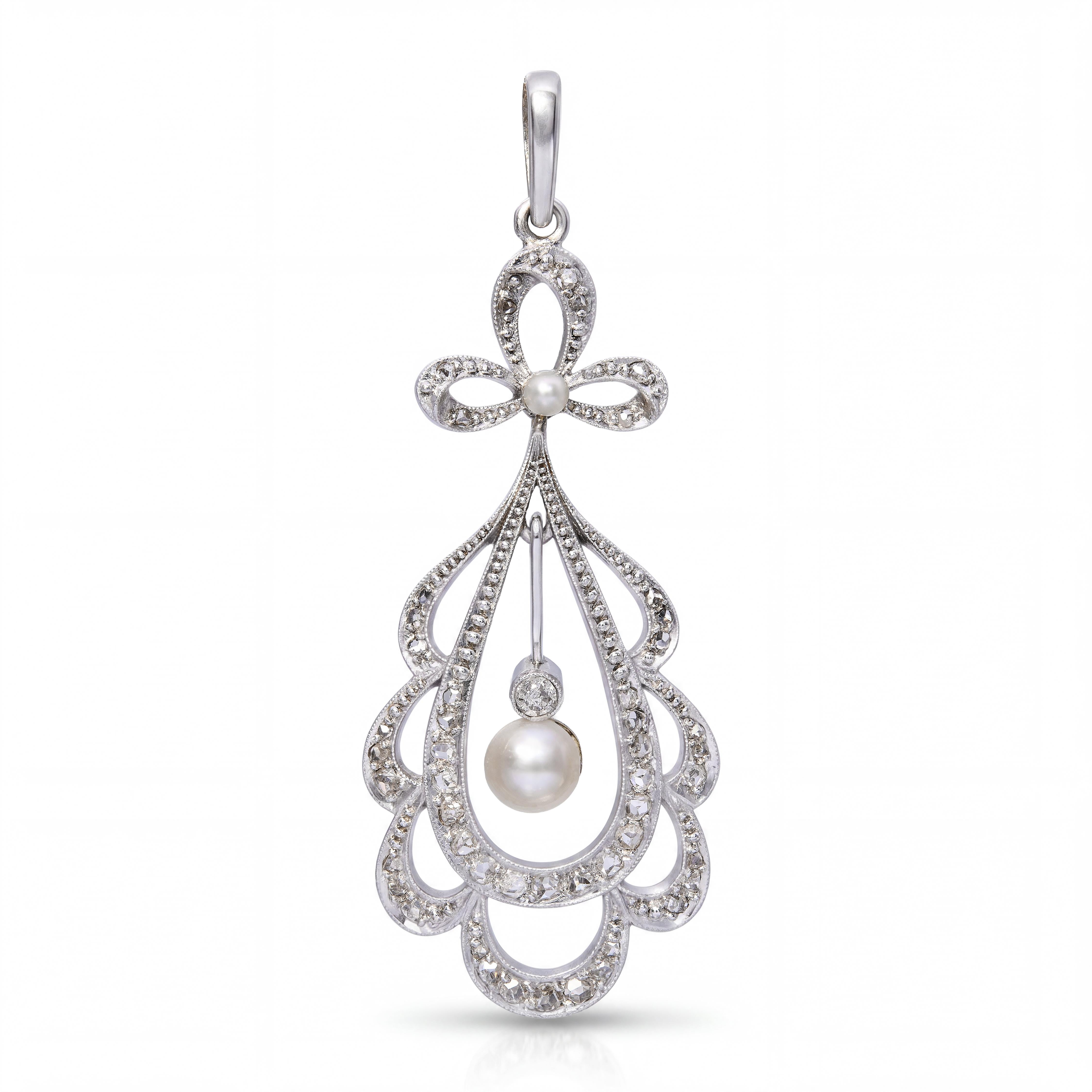 Vintage 14k White Gold Rose Cut Diamond and Pearl Bow Pendant