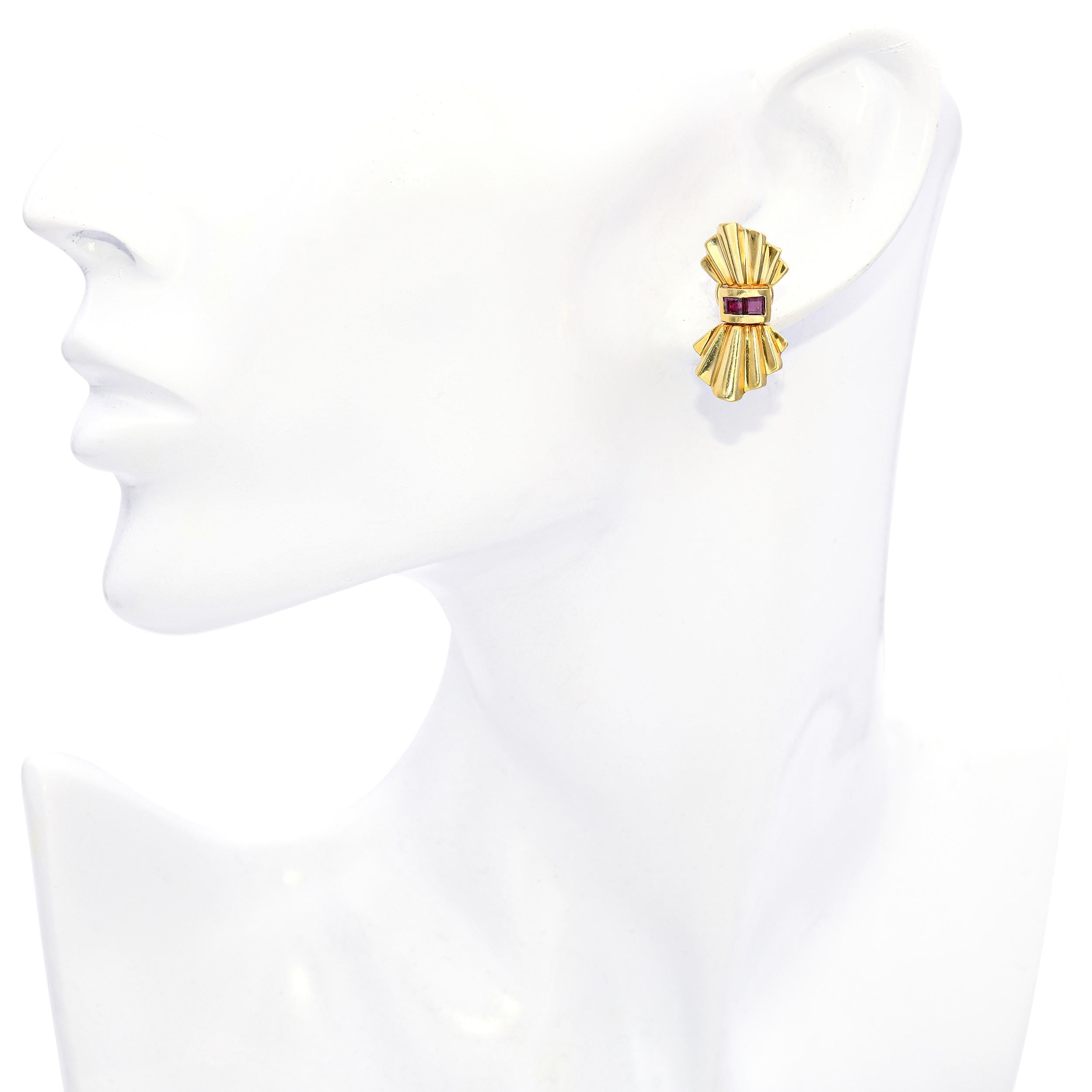 Vintage Retro 18k Yellow Gold Ruby Bow Clip on Earrings