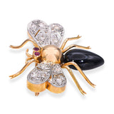 Vintage 18k Yellow Gold Diamond Ruby & Onyx Bee Brooch