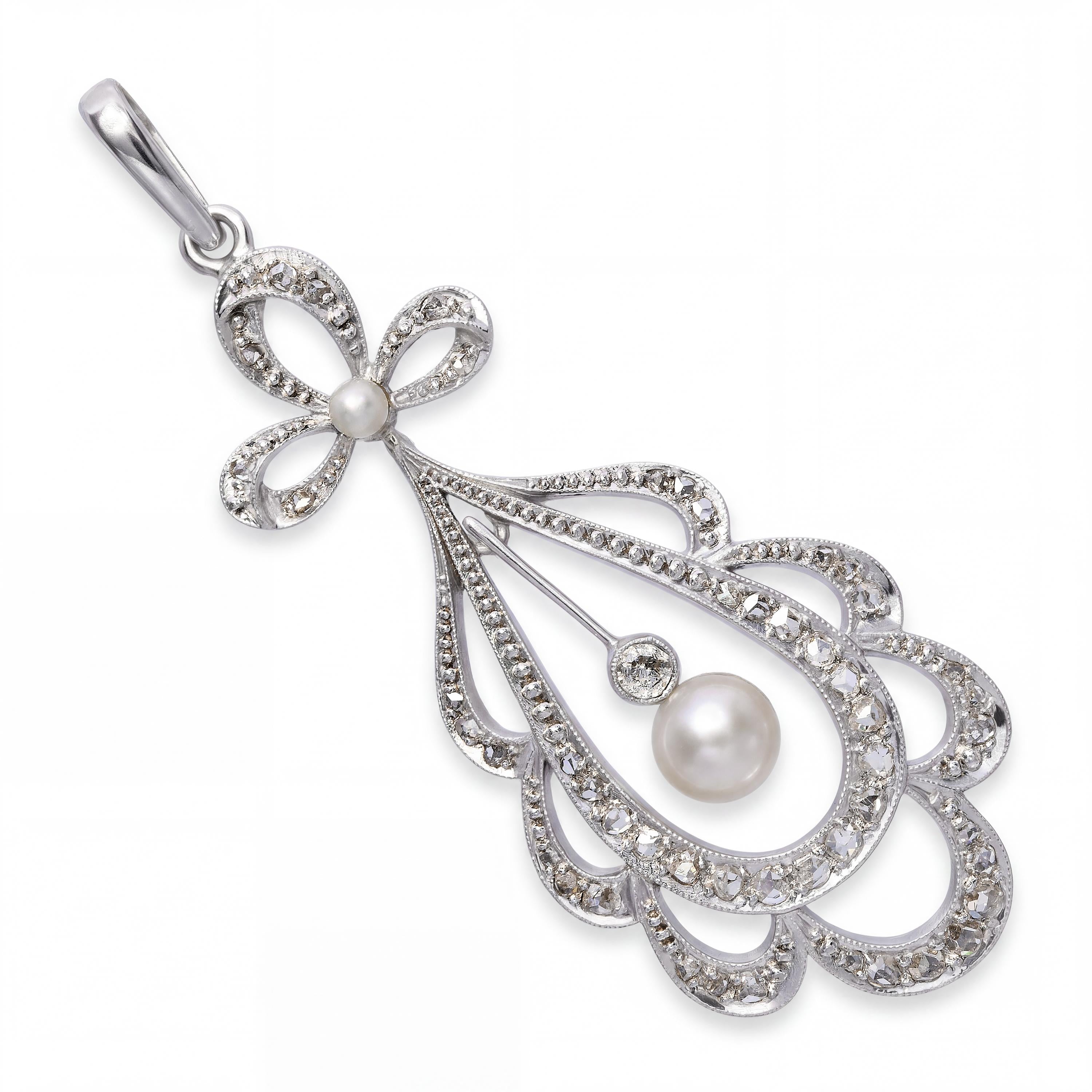 Vintage 14k White Gold Rose Cut Diamond and Pearl Bow Pendant