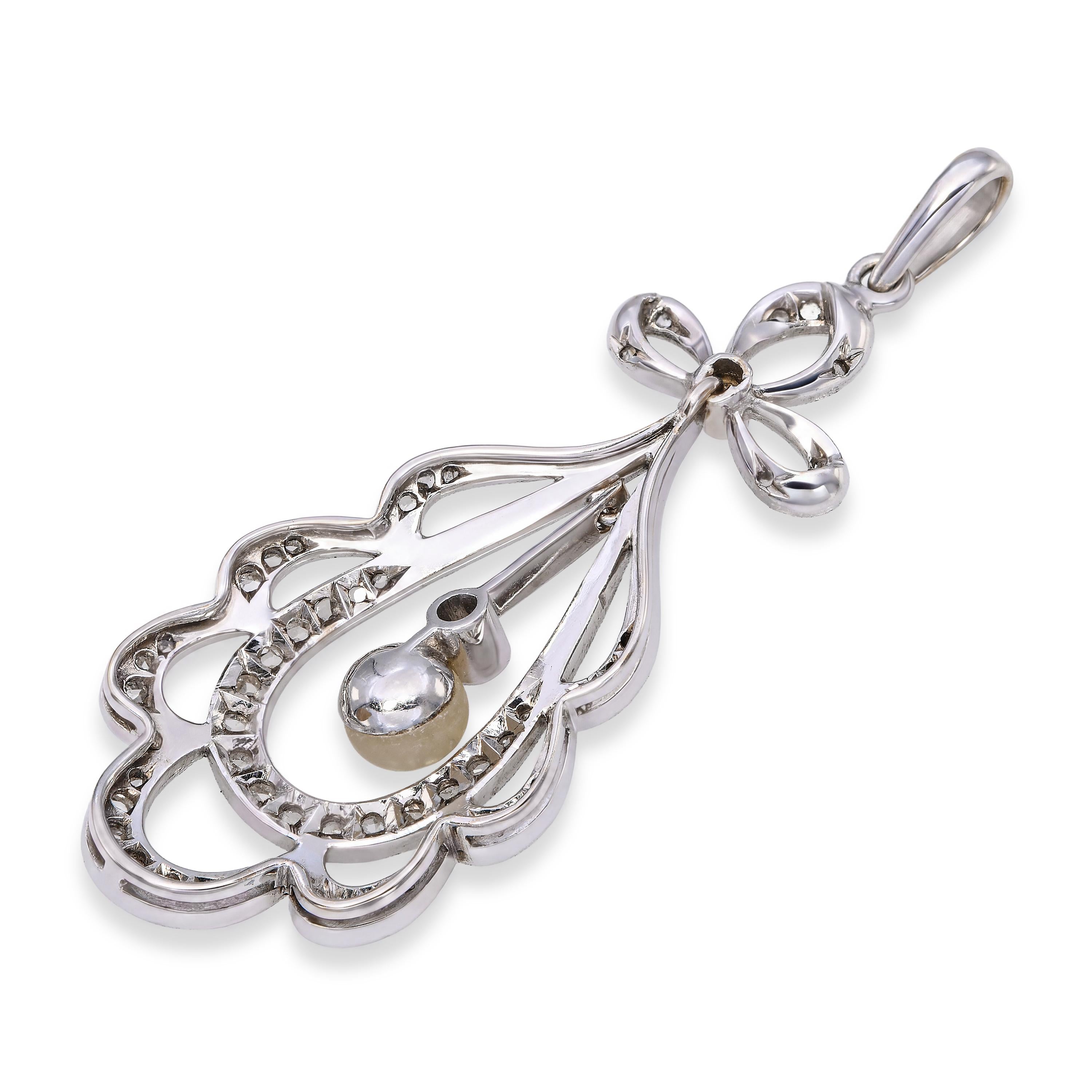 Vintage 14k White Gold Rose Cut Diamond and Pearl Bow Pendant