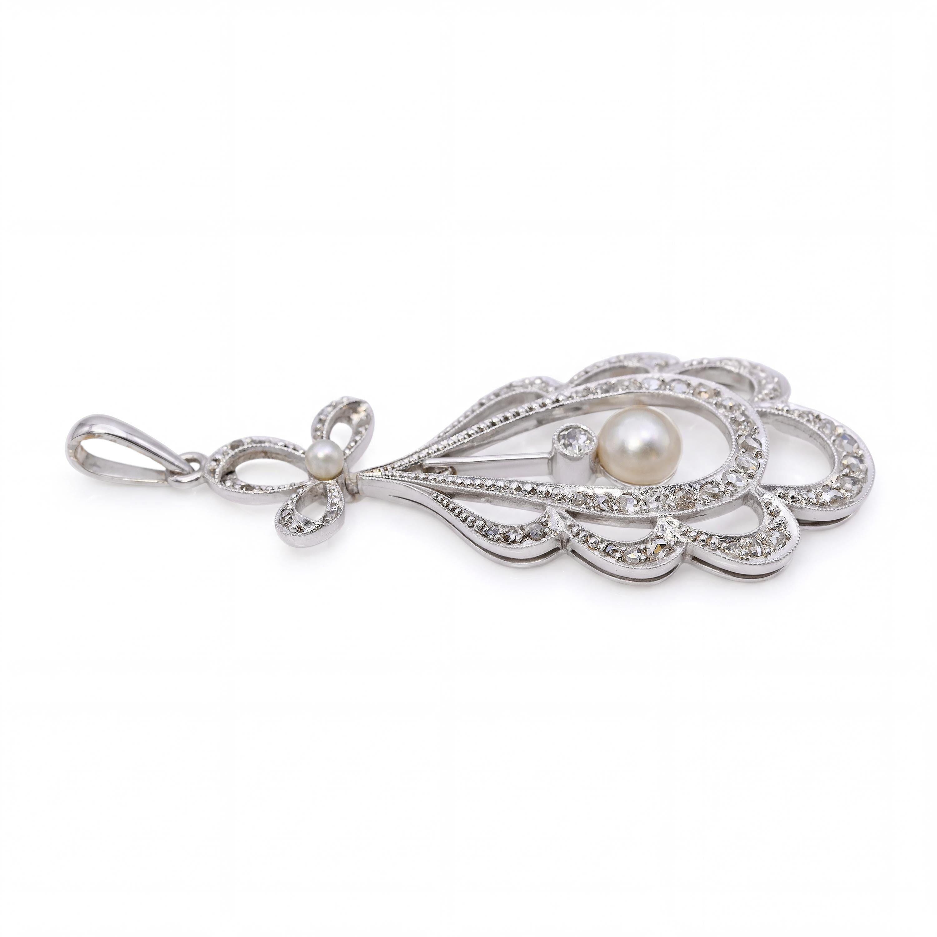Vintage 14k White Gold Rose Cut Diamond and Pearl Bow Pendant