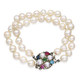 Vintage White Gold Multi Gem Clasp Double Strand Pearl Bracelet
