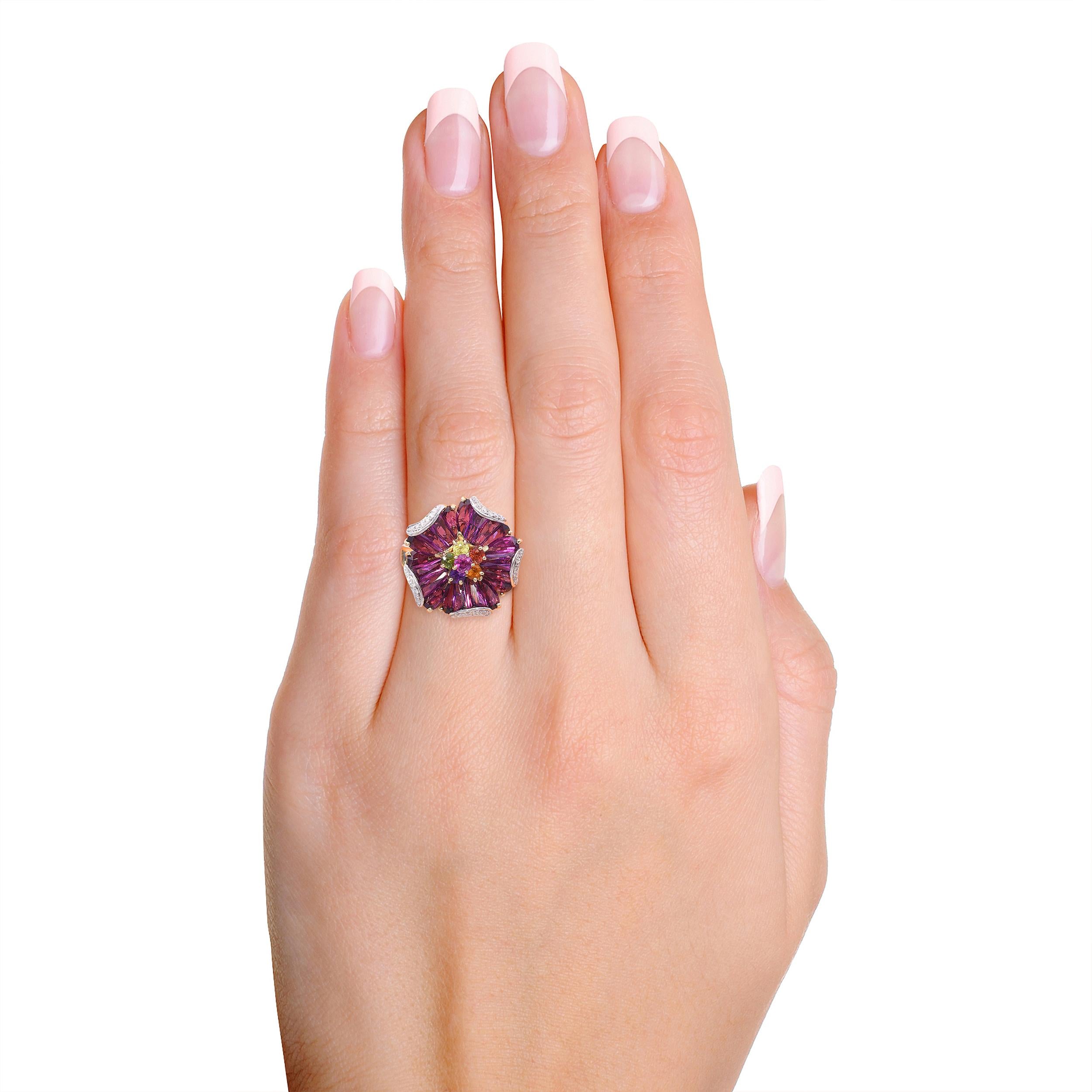 Bellarri 14k Yellow Gold Mademoiselle Flower Rhodolite Diamond Ring