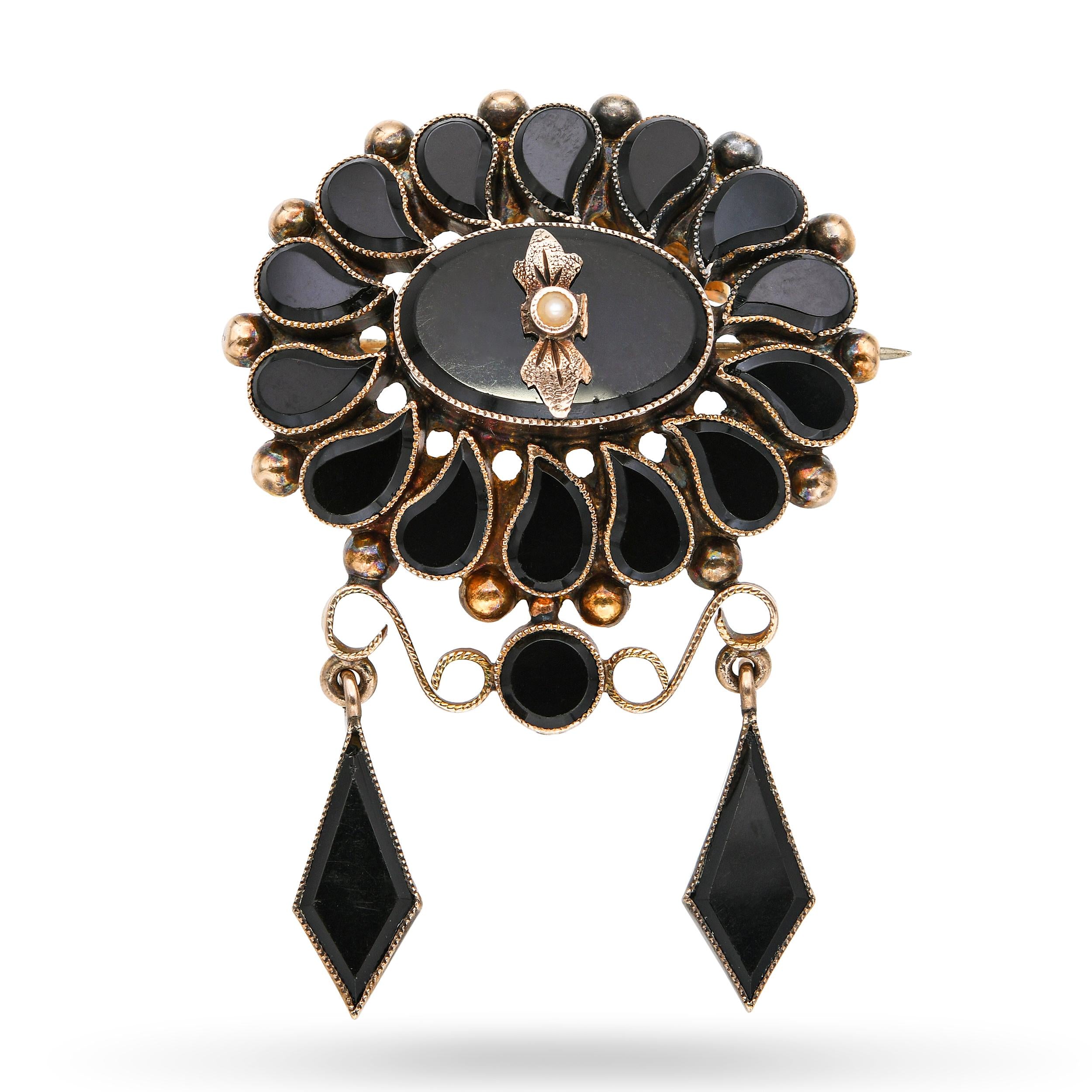 Antique Victorian 9k Rose Gold Jet and Seed Pearl Mourning Brooch