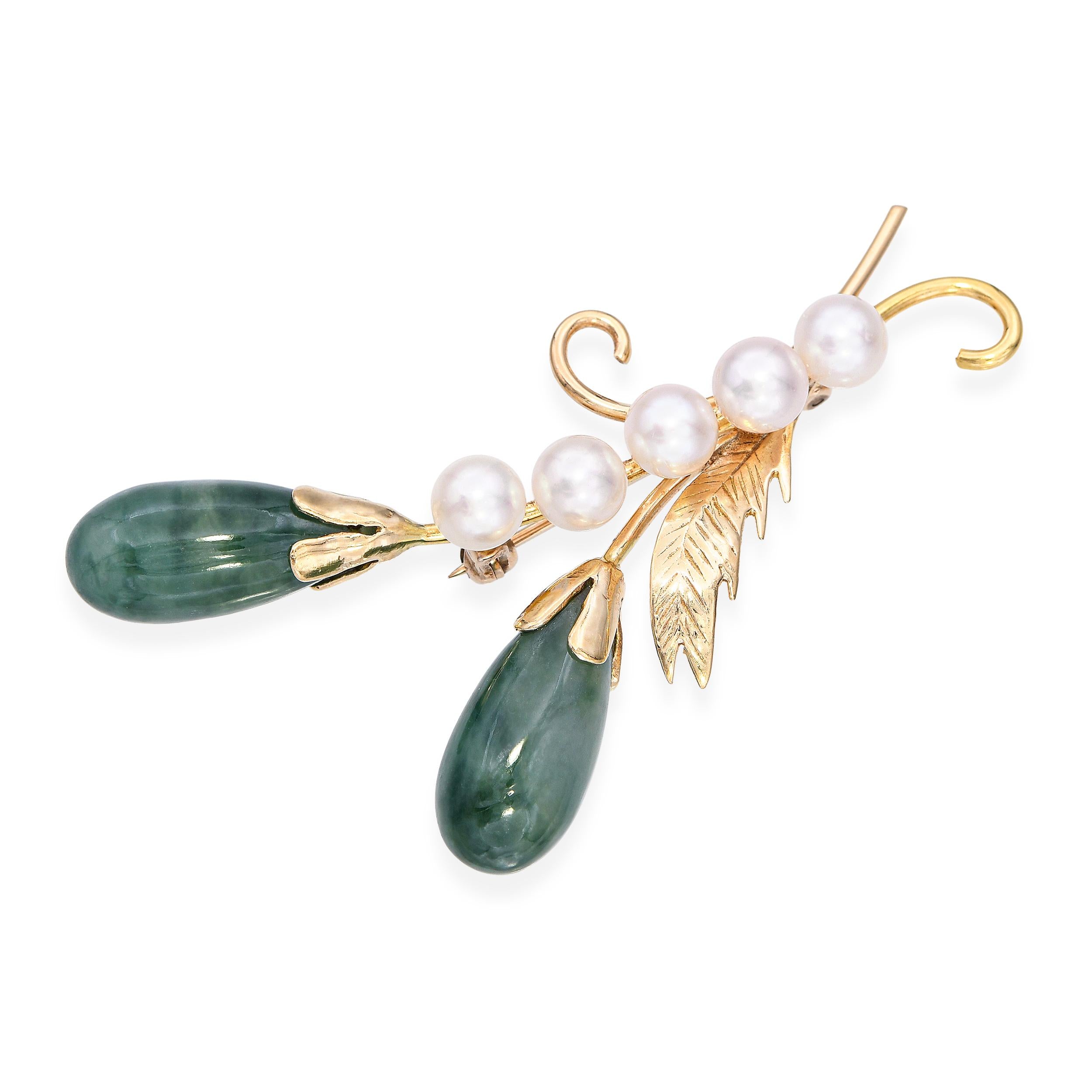 Vintage 14k Yellow Gold Jadeite and Pearl Feather Brooch