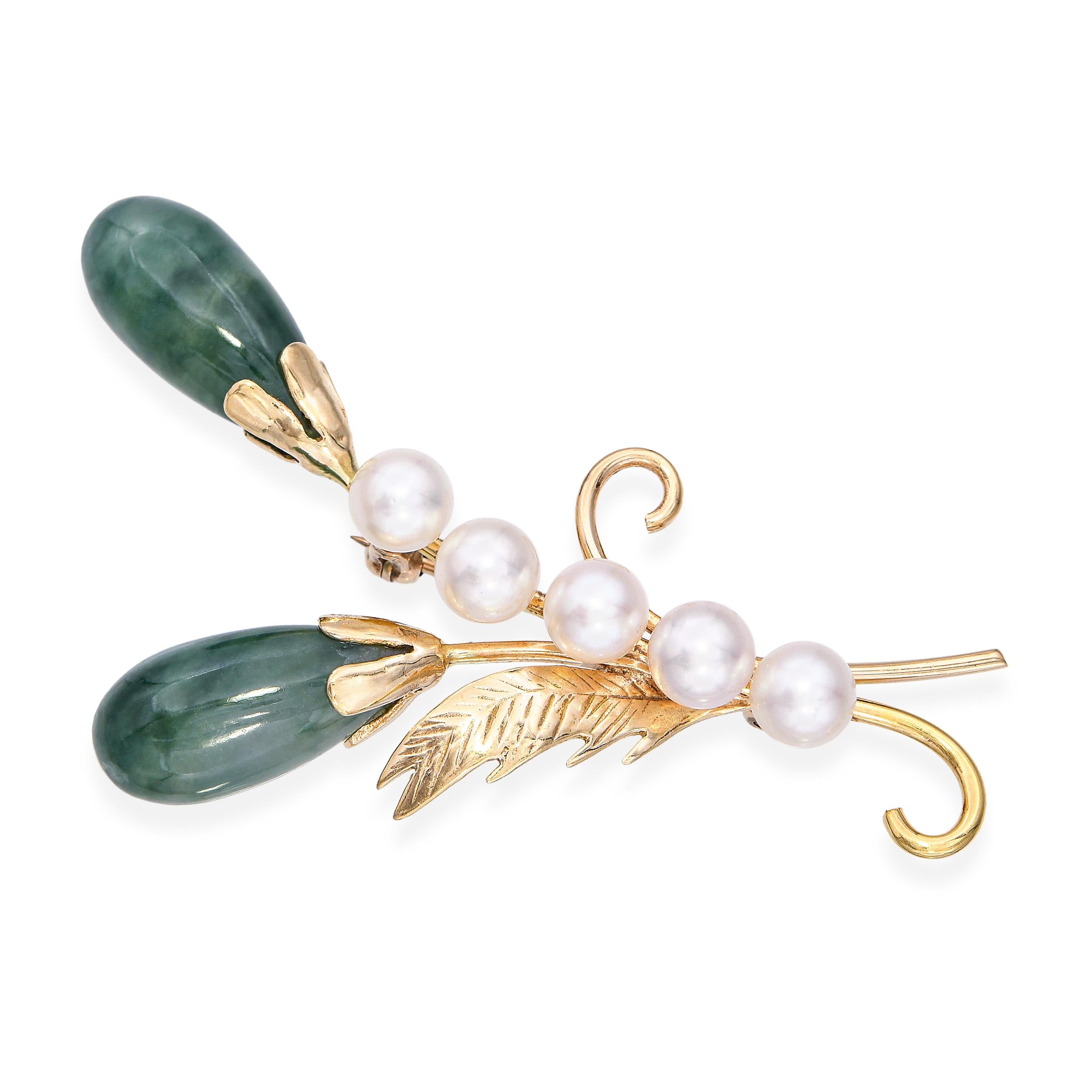 Vintage 14k Yellow Gold Jadeite and Pearl Feather Brooch