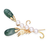 Vintage 14k Yellow Gold Jadeite and Pearl Feather Brooch