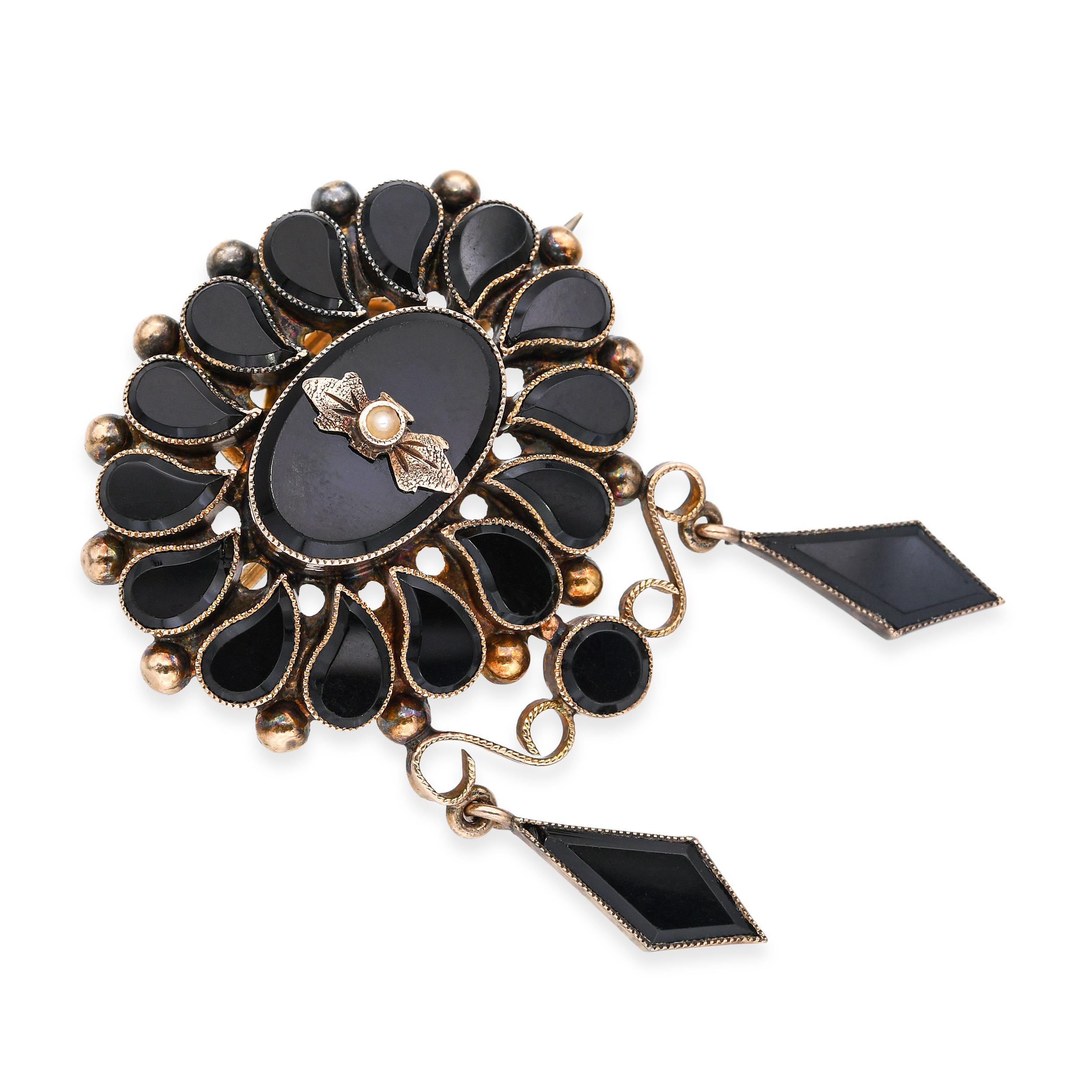 Antique Victorian 9k Rose Gold Jet and Seed Pearl Mourning Brooch