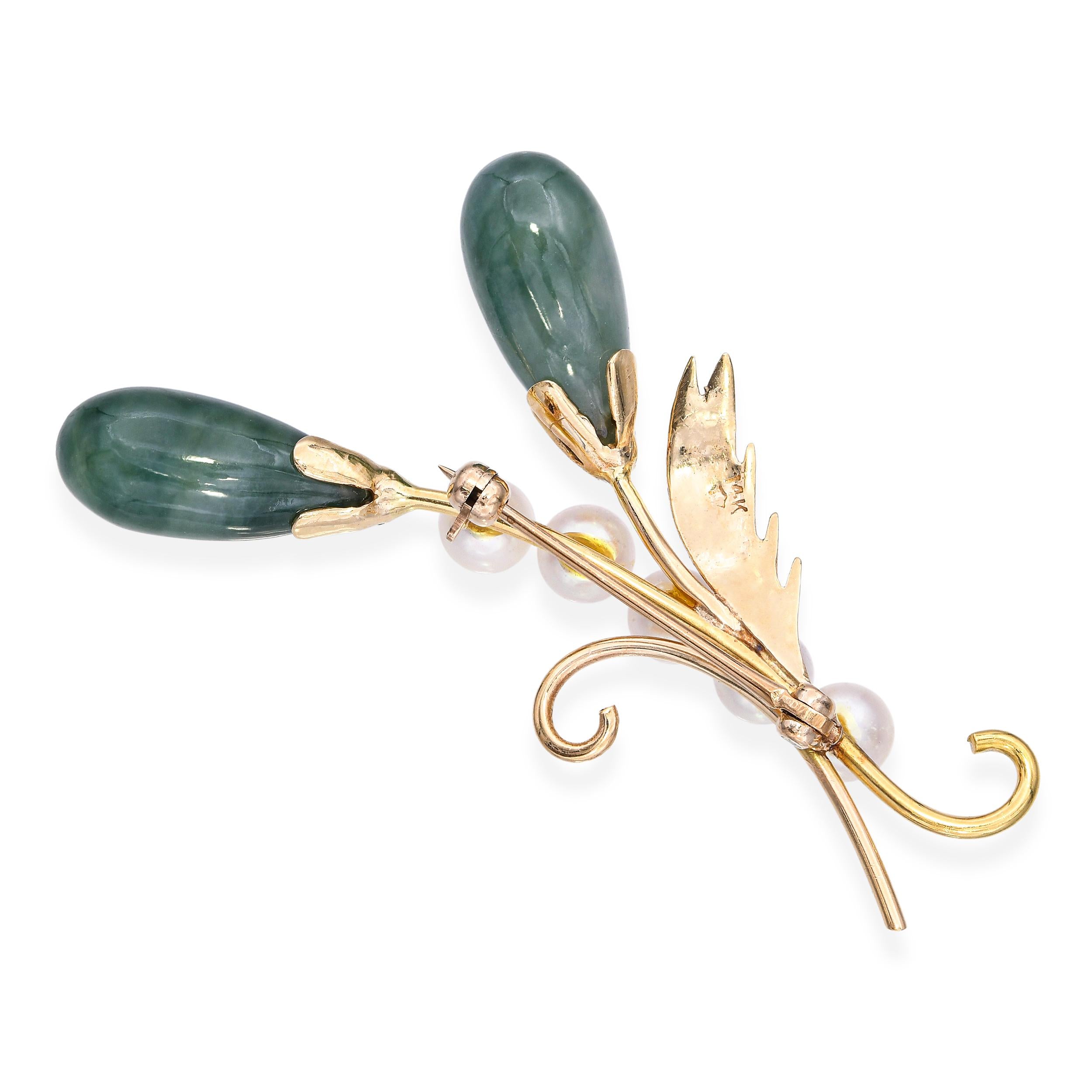 Vintage 14k Yellow Gold Jadeite and Pearl Feather Brooch