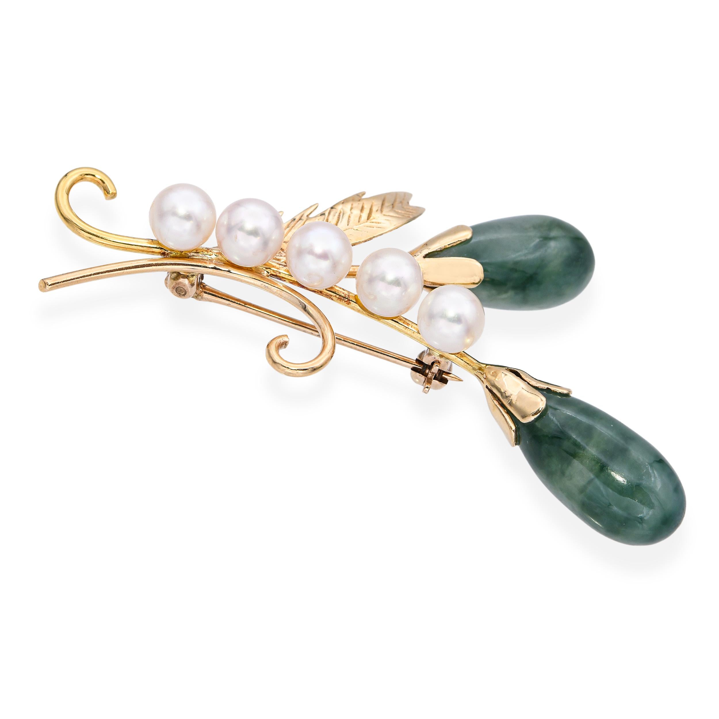 Vintage 14k Yellow Gold Jadeite and Pearl Feather Brooch