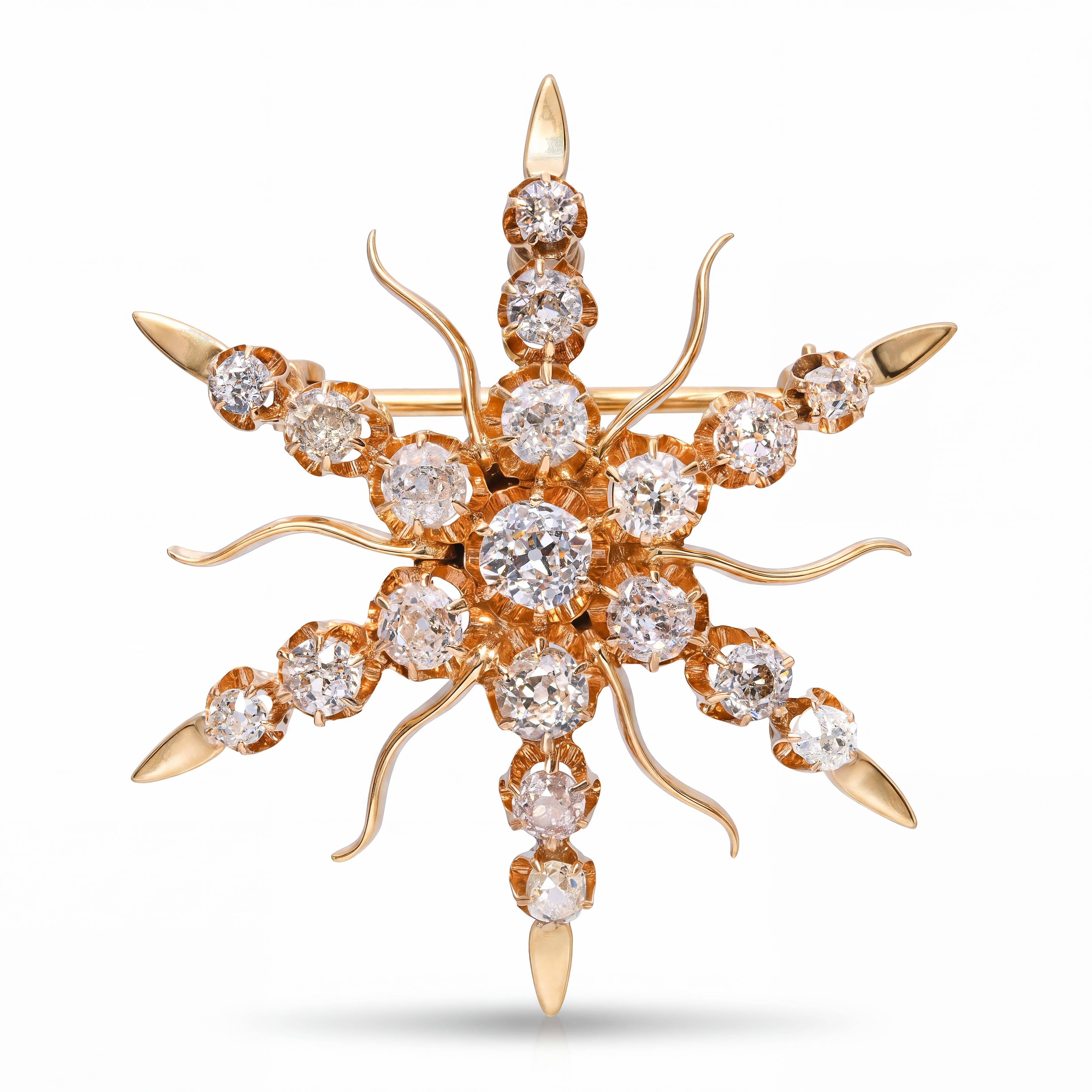 Antique Yellow Gold 2.46tcw Old Mine Cut Diamond Starburst Brooch