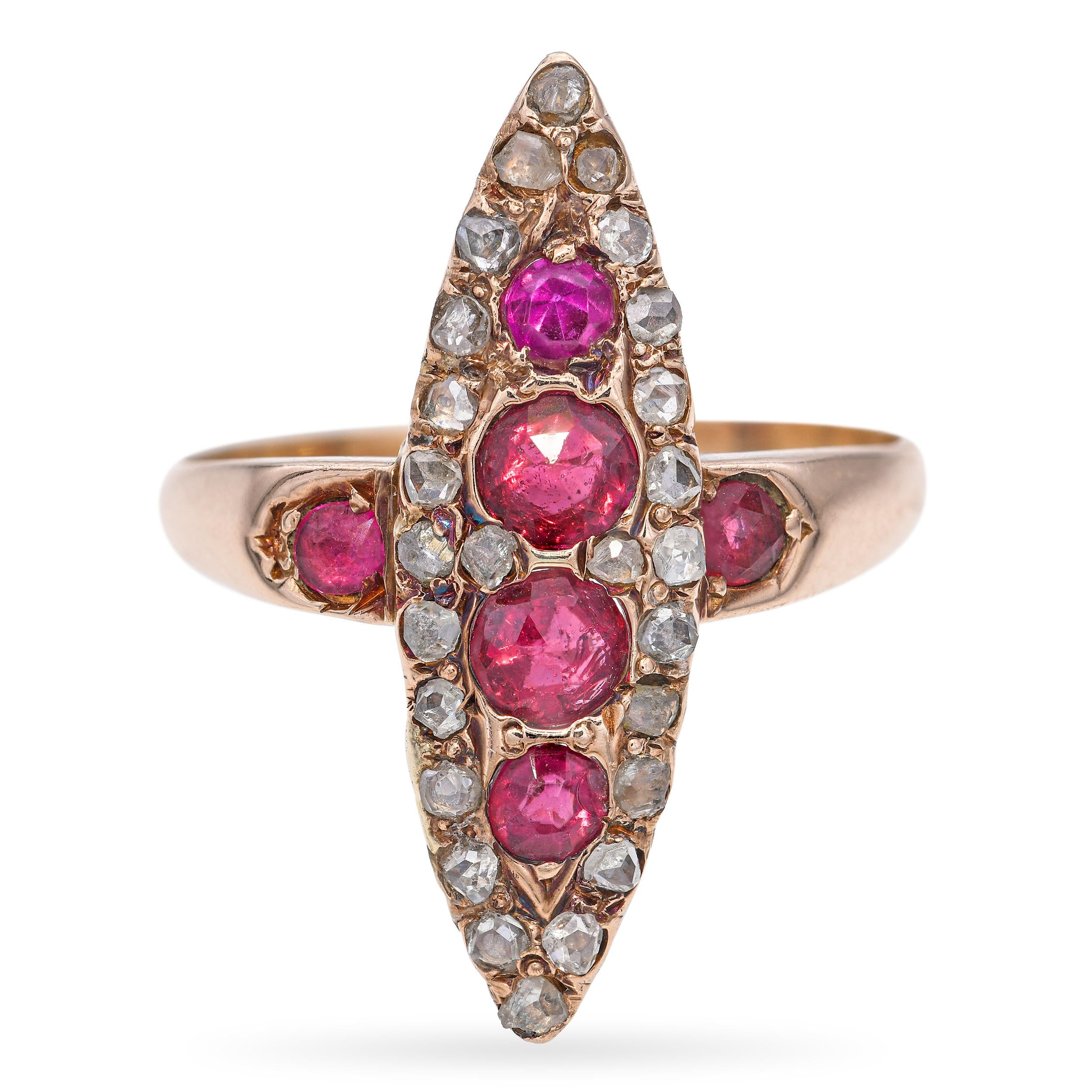 Antique Victorian Rose Gold Ruby and Rose Cut Diamond Navette Ring