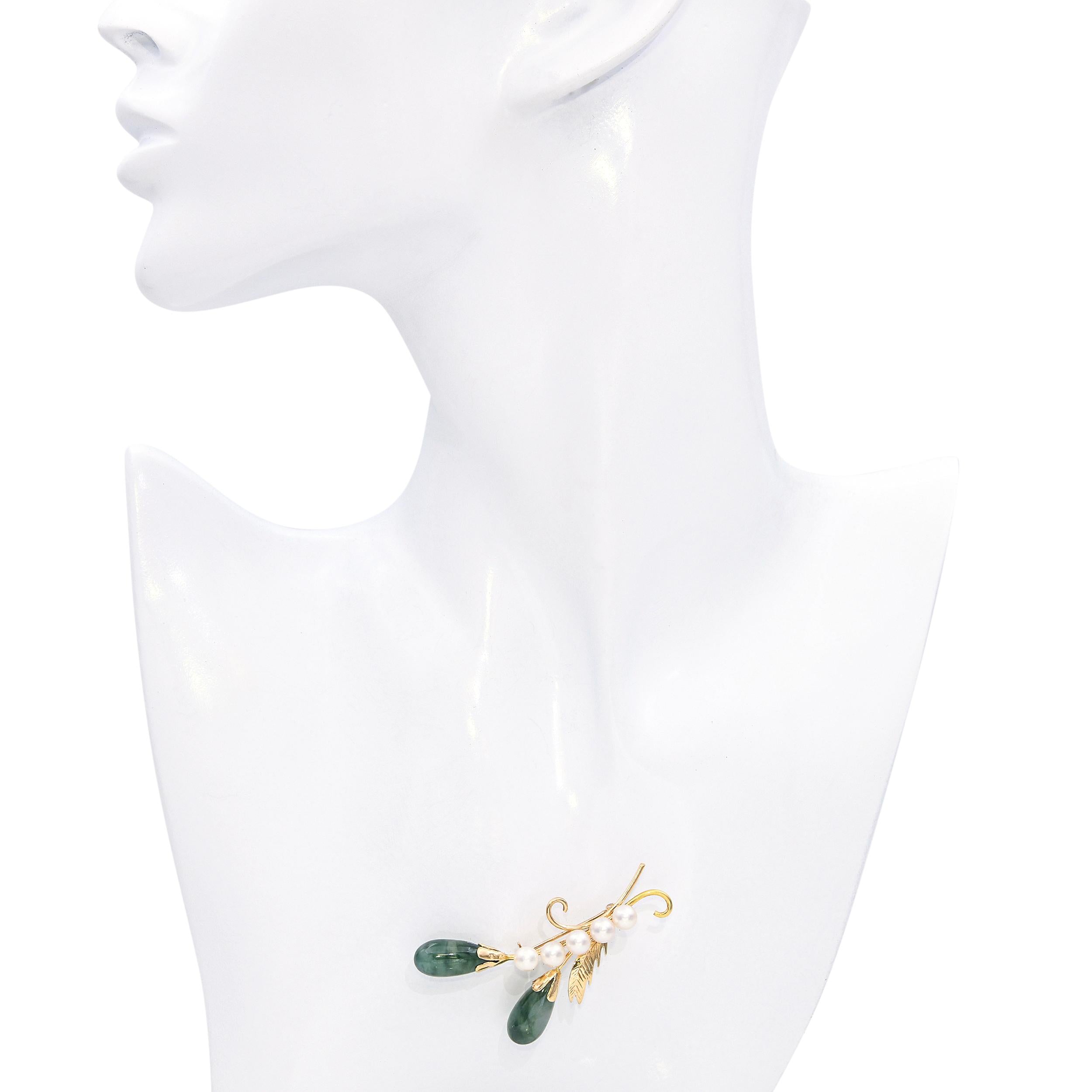 Vintage 14k Yellow Gold Jadeite and Pearl Feather Brooch