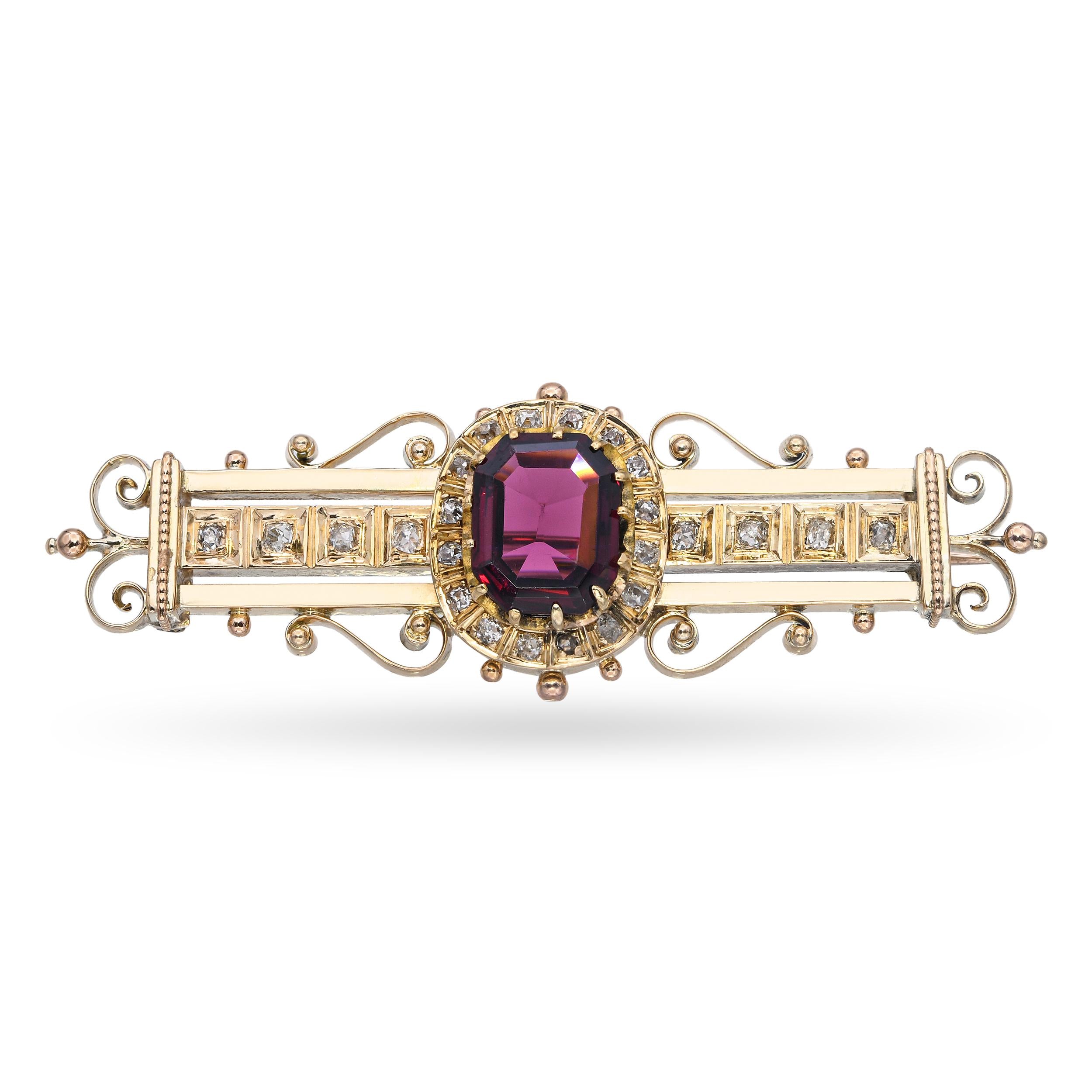 Antique Yellow Gold Rhodolite Garnet and Diamond Brooch