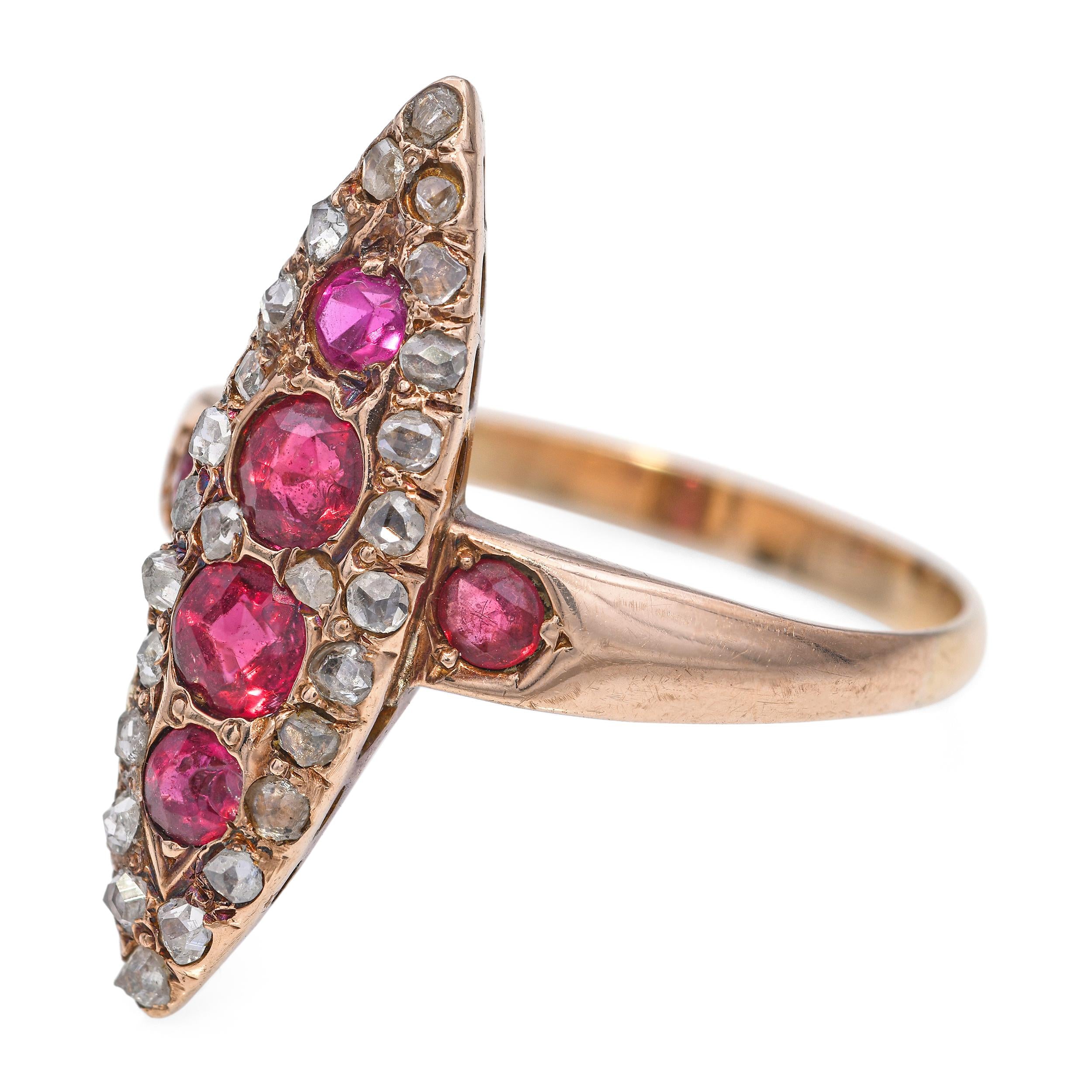 Antique Victorian Rose Gold Ruby and Rose Cut Diamond Navette Ring