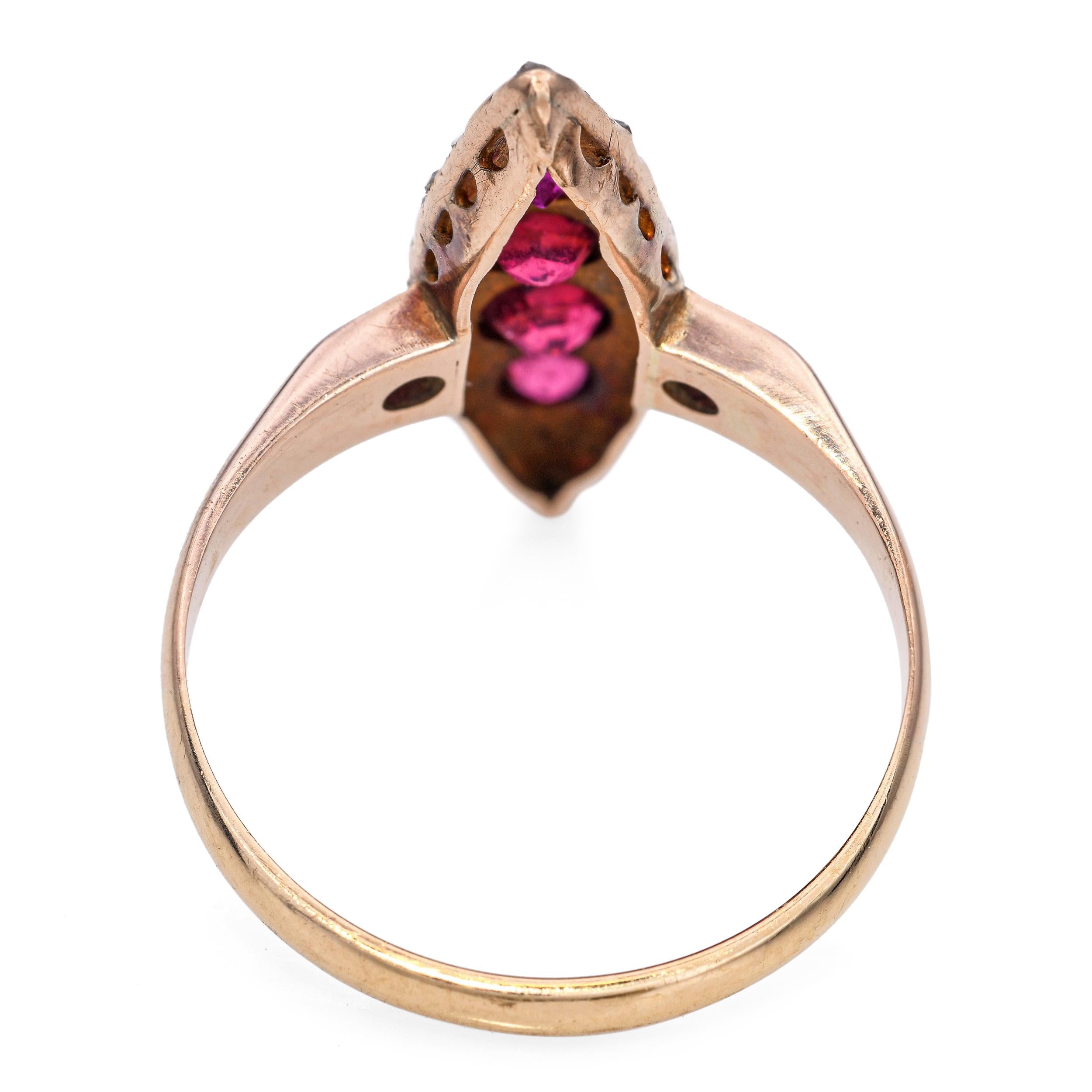 Antique Victorian Rose Gold Ruby and Rose Cut Diamond Navette Ring
