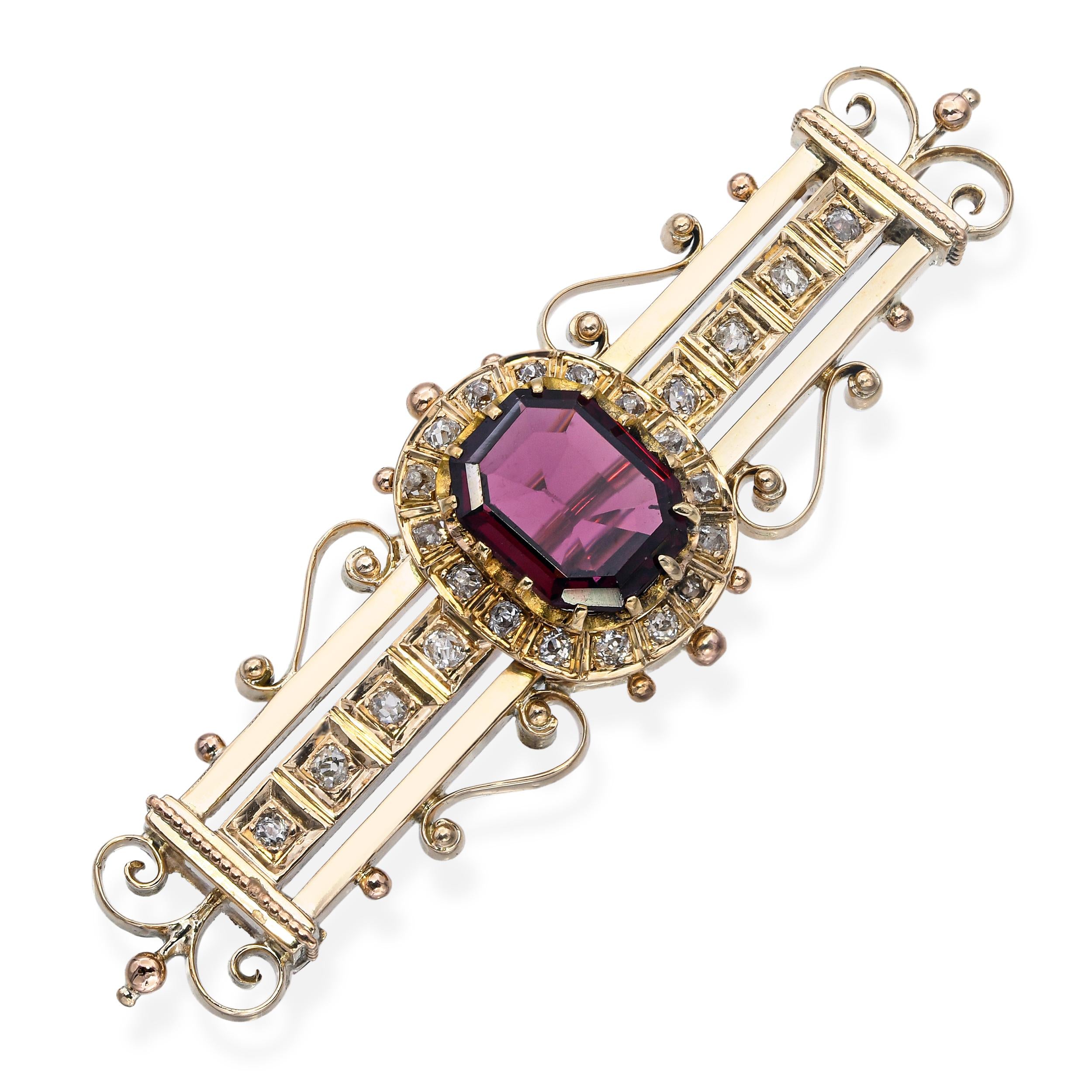 Antique Yellow Gold Rhodolite Garnet and Diamond Brooch