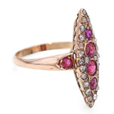 Antique Victorian Rose Gold Ruby and Rose Cut Diamond Navette Ring