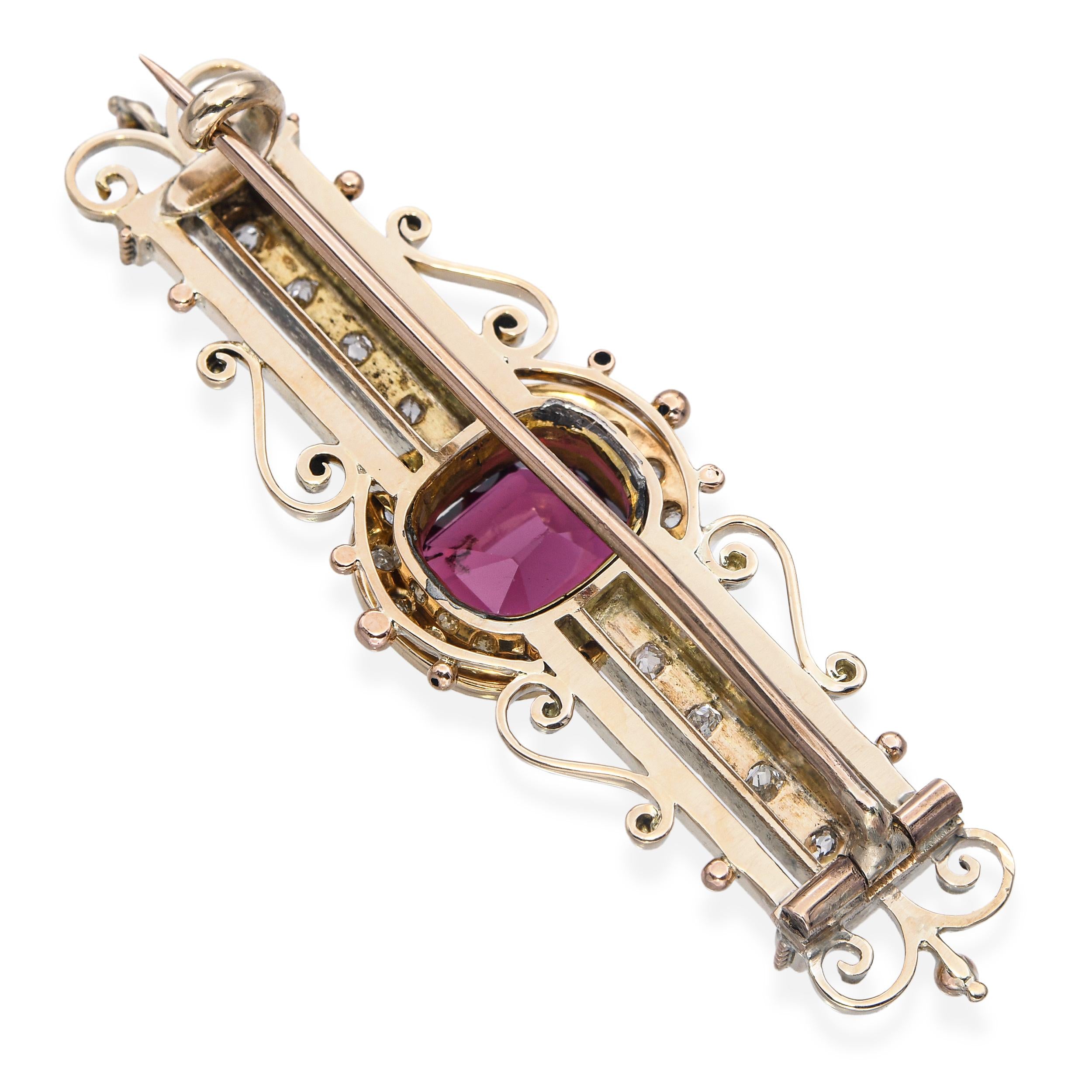 Antique Yellow Gold Rhodolite Garnet and Diamond Brooch