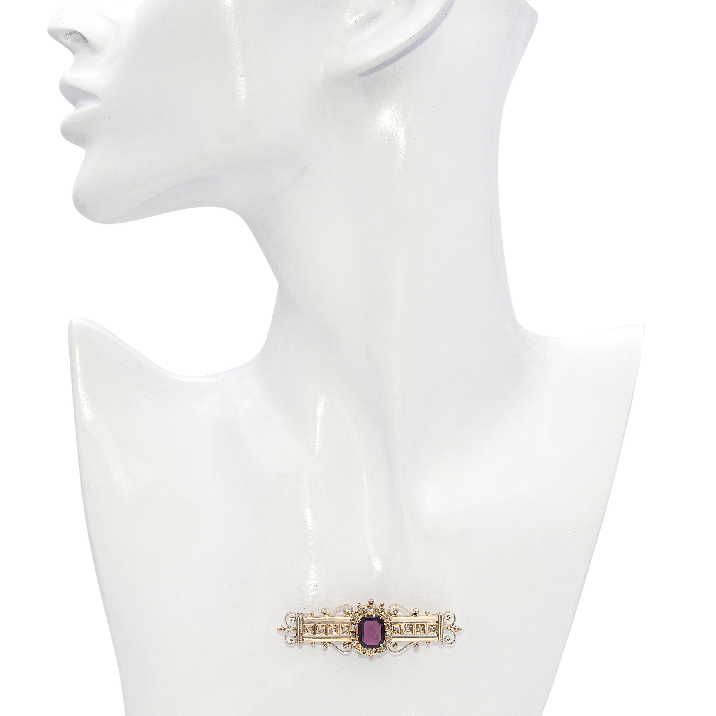 Antique Yellow Gold Rhodolite Garnet and Diamond Brooch