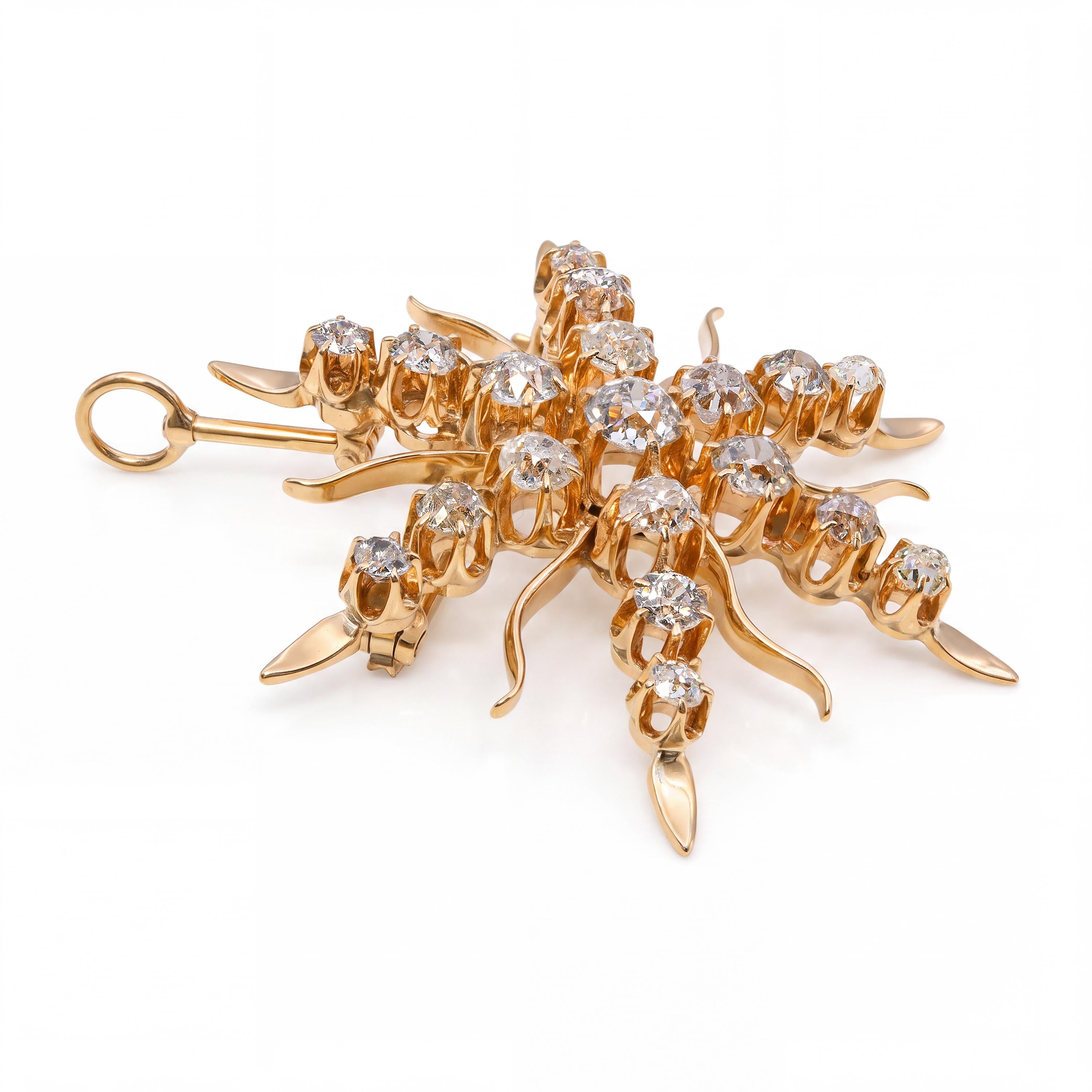 Antique Yellow Gold 2.46tcw Old Mine Cut Diamond Starburst Brooch
