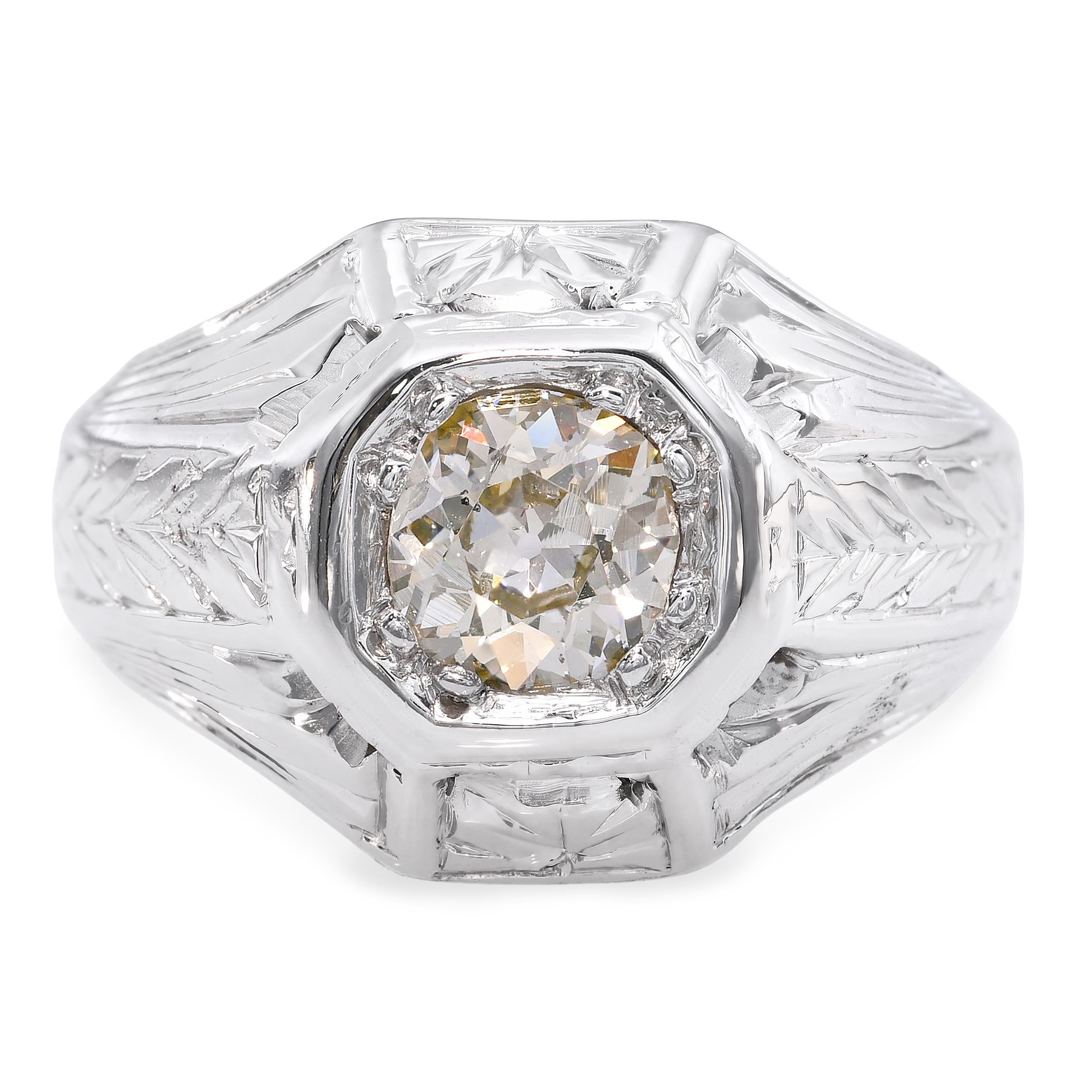 Art Deco 11k White Gold .57ct Old European Cut Diamond Ring