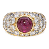 Vintage 18k Yellow Gold 2.20tcw Diamond Pave and Ruby Cabochon Ring