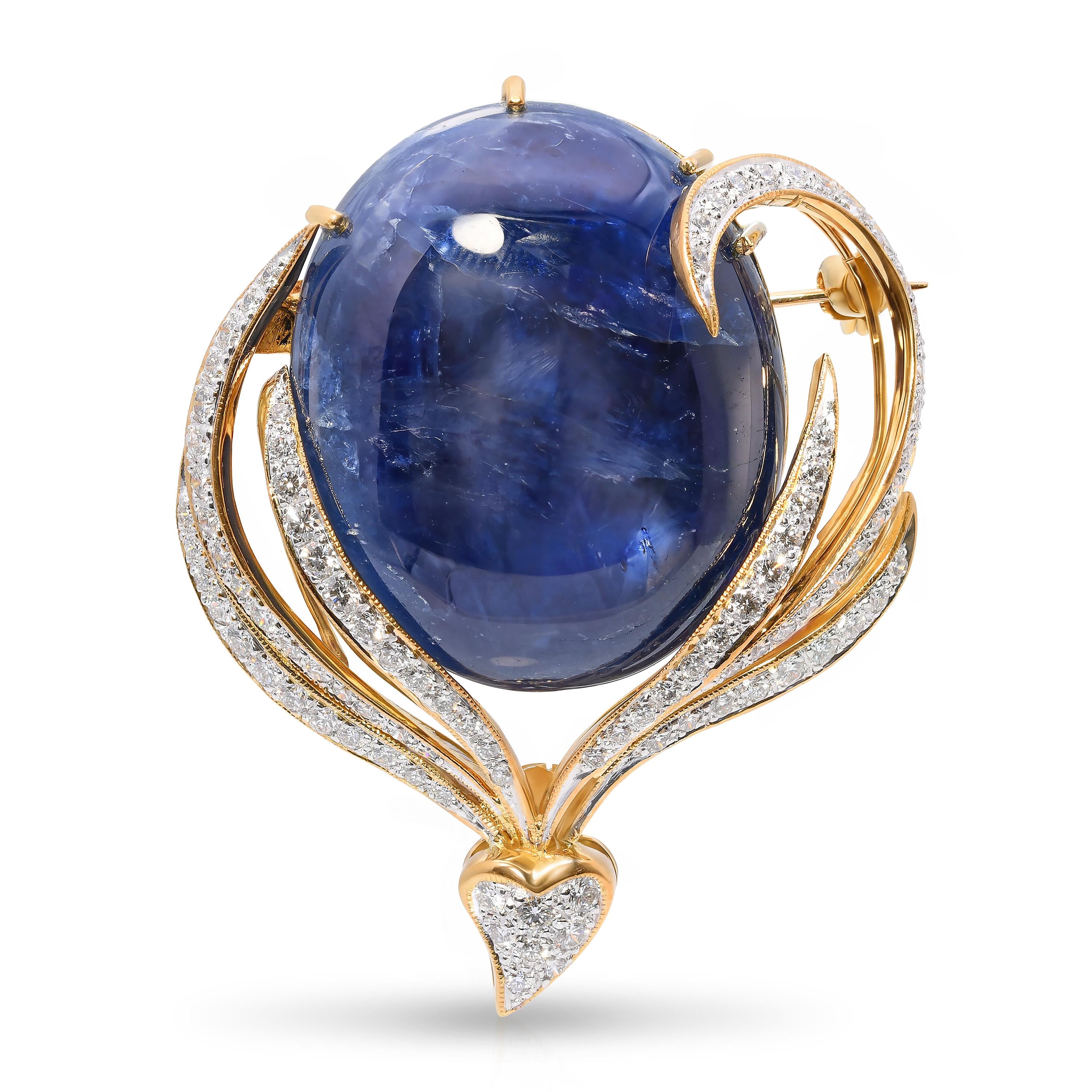 18k Yellow Gold 55.83ct Star Sapphire and Diamond Brooch