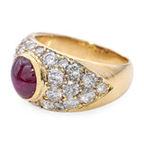 Vintage 18k Yellow Gold 2.20tcw Diamond Pave and Ruby Cabochon Ring
