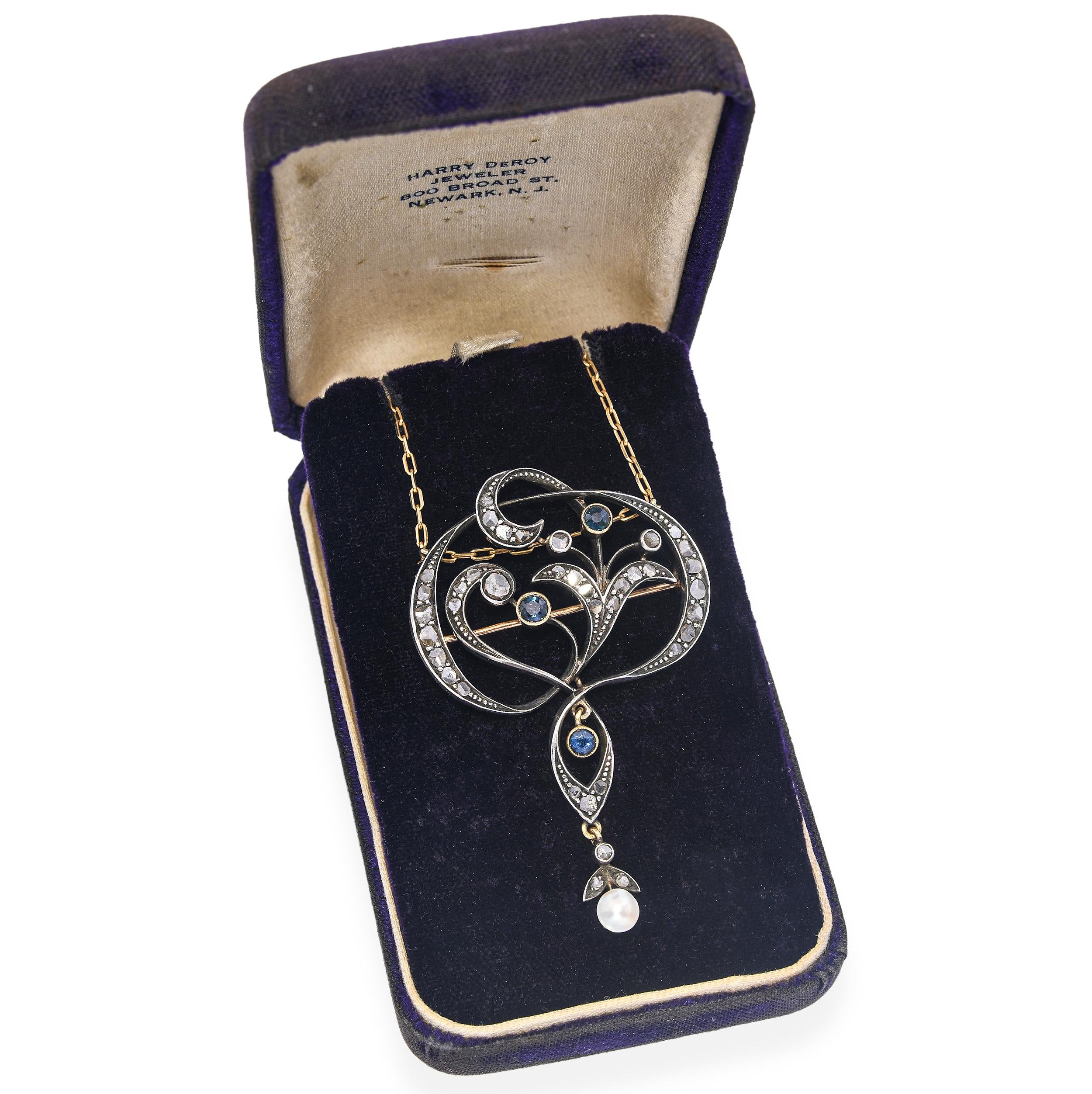 Antique Silver & Yellow Gold Rose Cut Diamond & Sapphire Lavalier Necklace