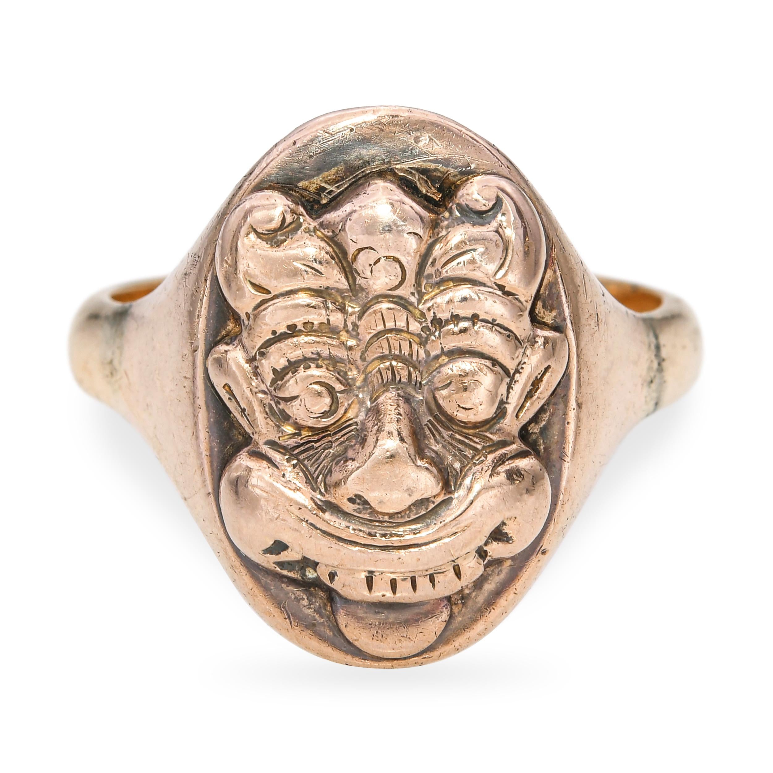 Vintage 14K Yellow Gold Asian Folklore Mask Figural Signet Ring