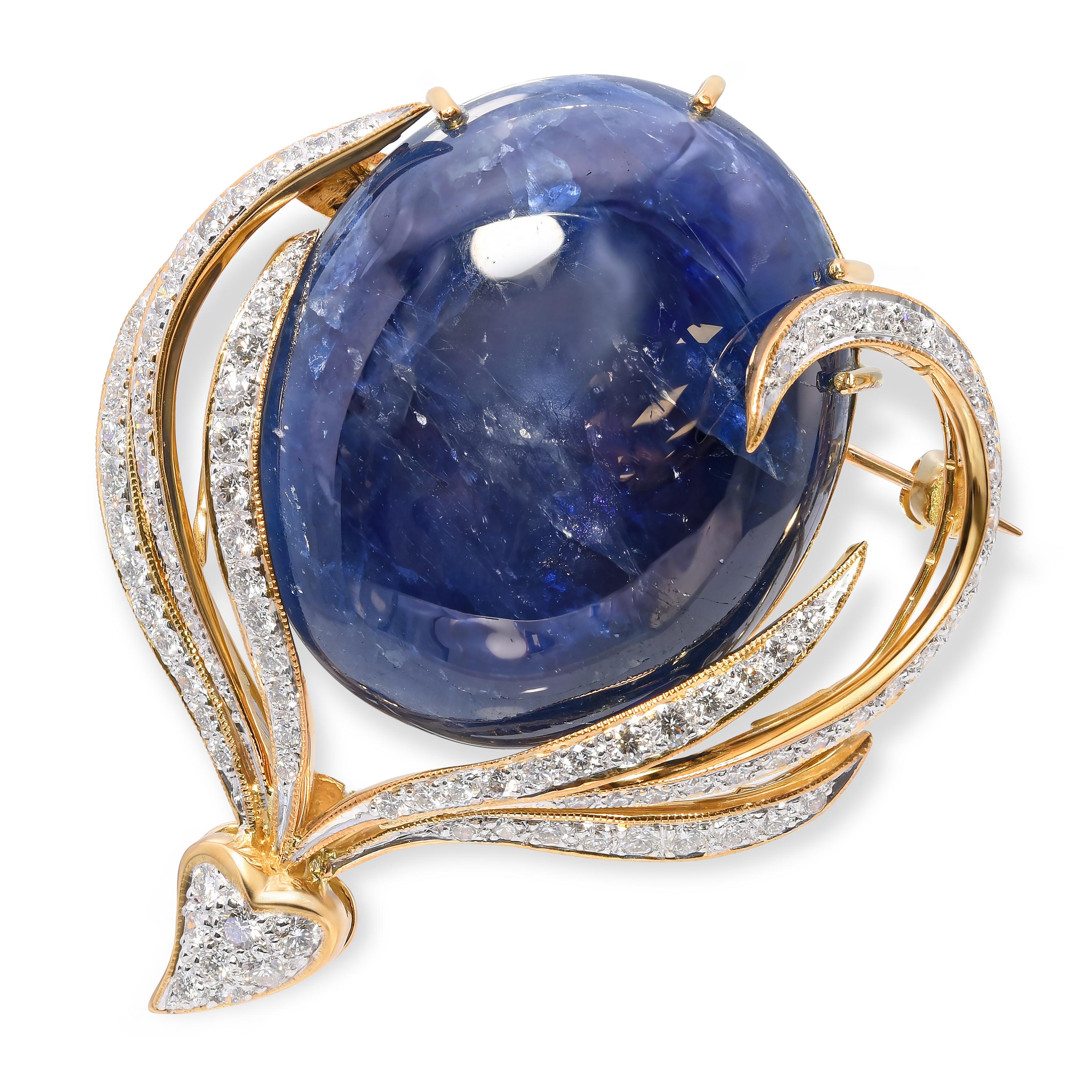 18k Yellow Gold 55.83ct Star Sapphire and Diamond Brooch