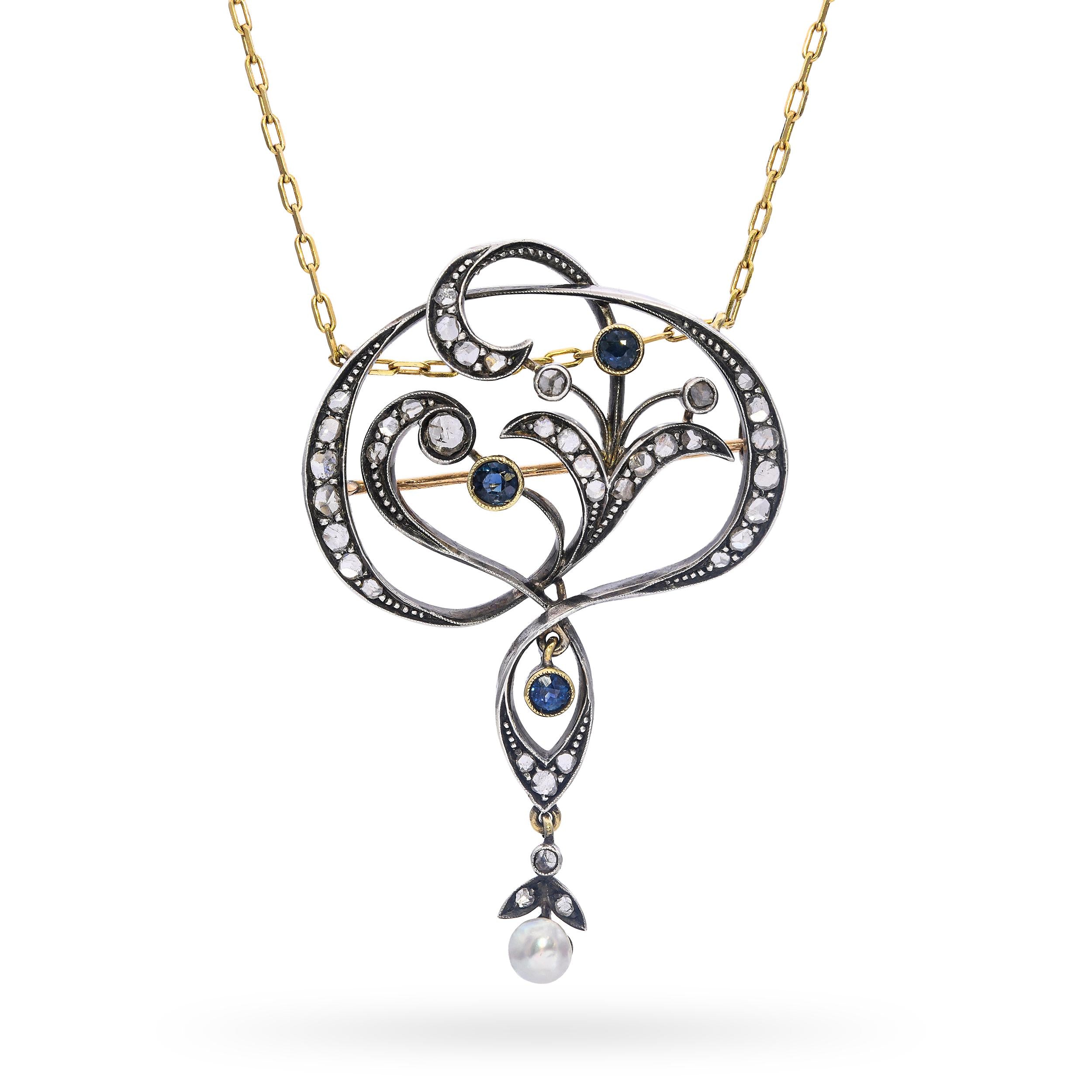 Antique Silver & Yellow Gold Rose Cut Diamond & Sapphire Lavalier Necklace
