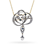 Antique Silver & Yellow Gold Rose Cut Diamond & Sapphire Lavalier Necklace