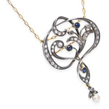 Antique Silver & Yellow Gold Rose Cut Diamond & Sapphire Lavalier Necklace