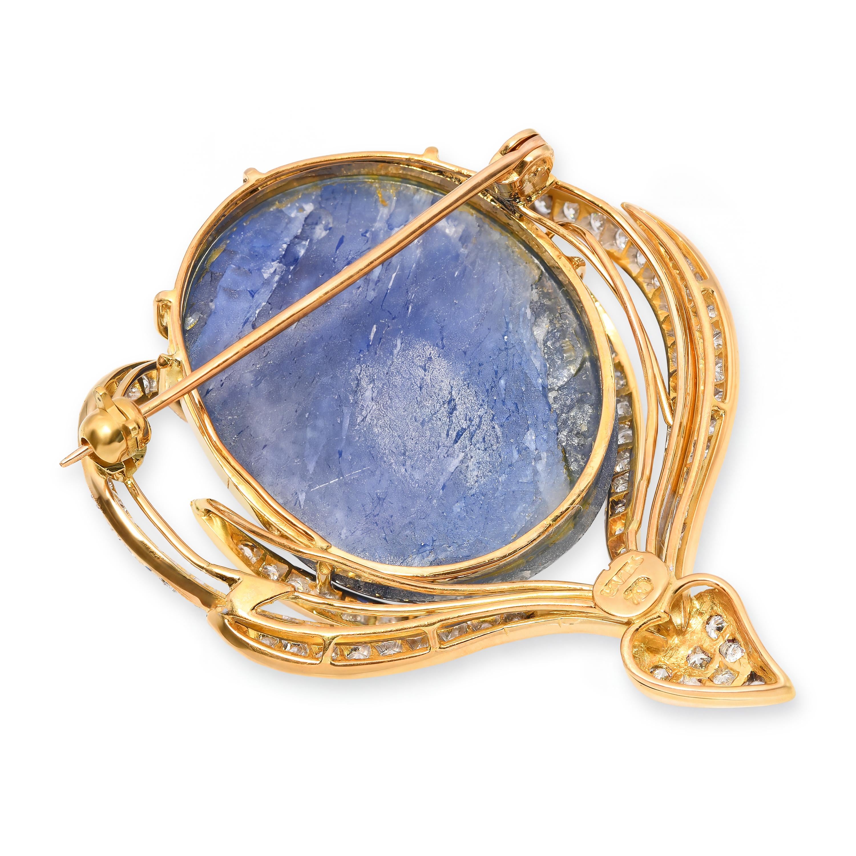 18k Yellow Gold 55.83ct Star Sapphire and Diamond Brooch