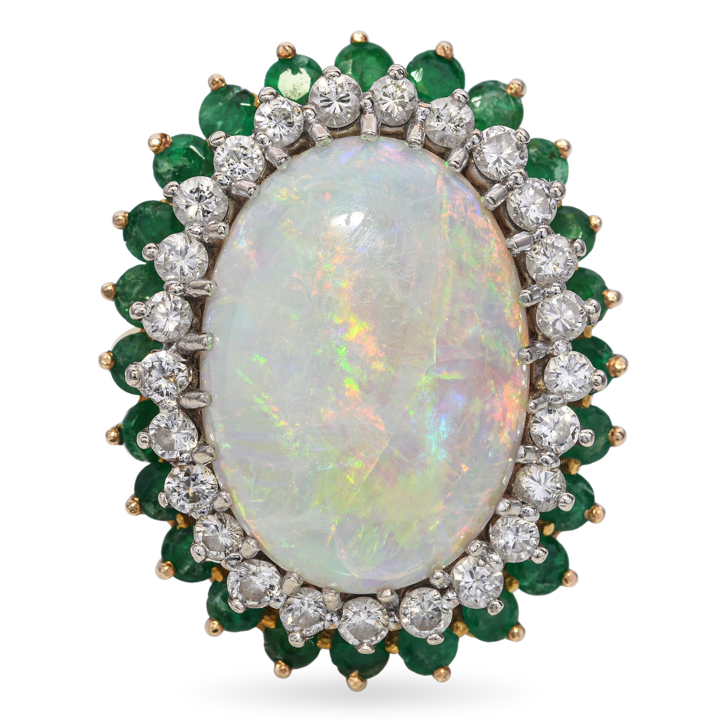 Vintage 18k Yellow Gold 9.35ct Australian Opal Diamond and Emerald Ring