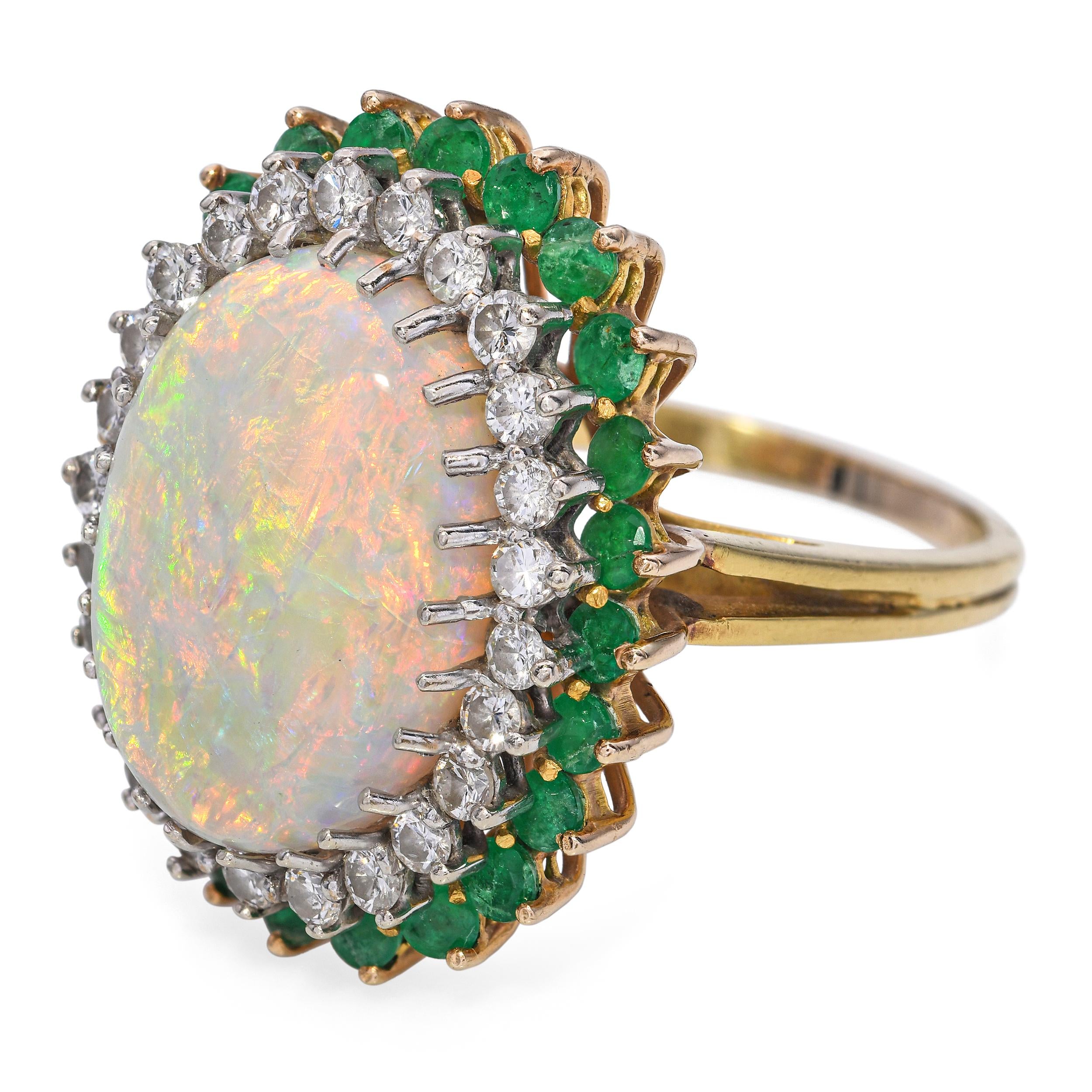 Vintage 18k Yellow Gold 9.35ct Australian Opal Diamond and Emerald Ring