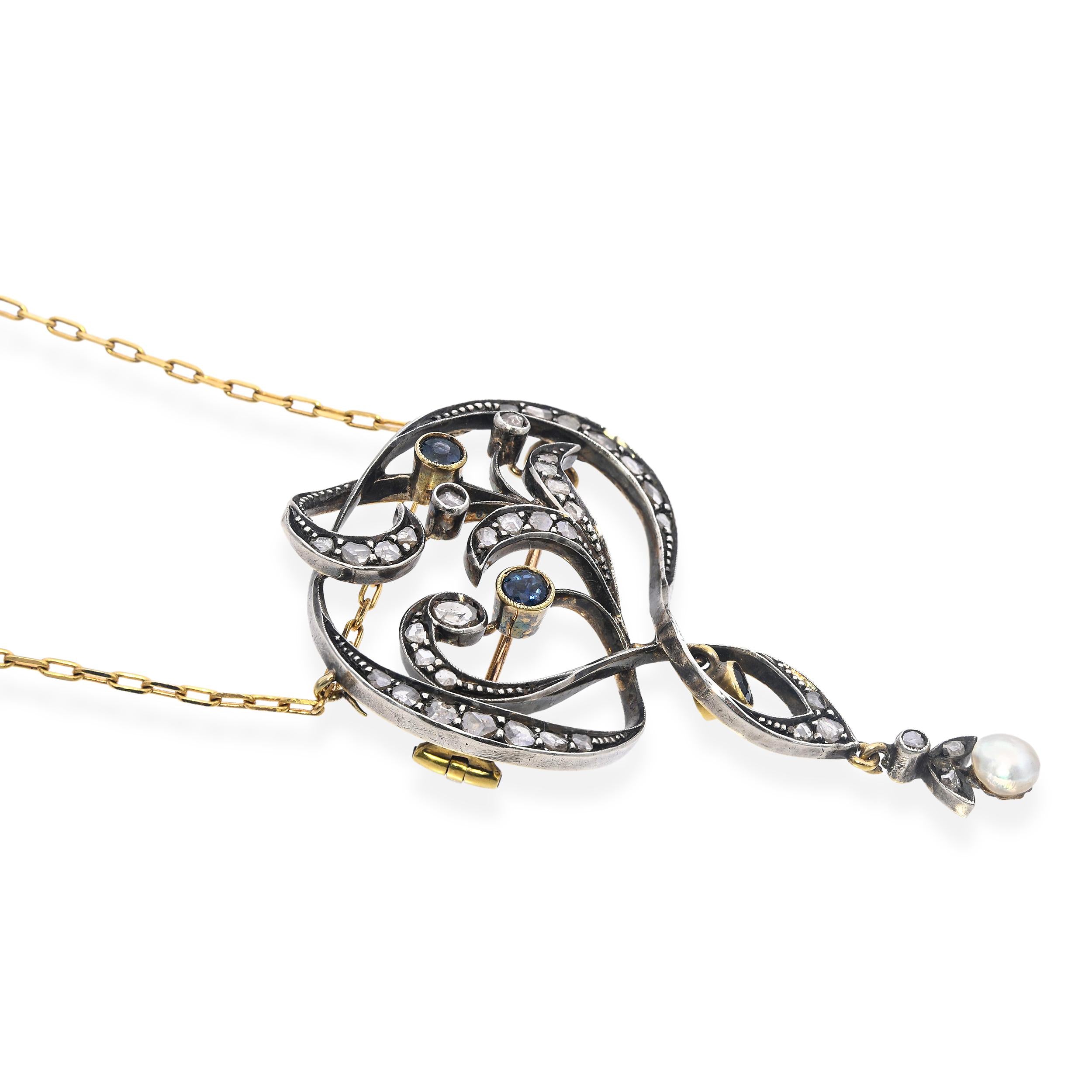 Antique Silver & Yellow Gold Rose Cut Diamond & Sapphire Lavalier Necklace